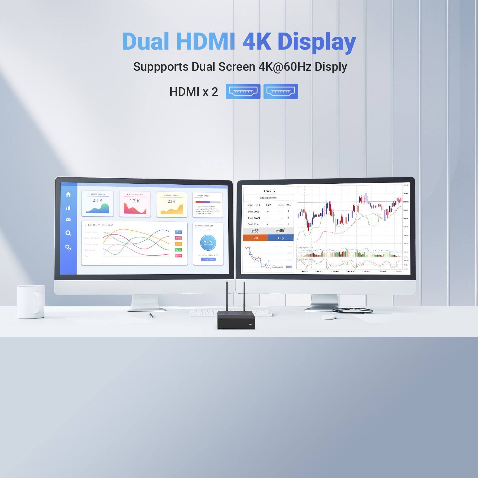 Dual HDMI 4K Display Supports Dual Screen 4K@60Hz Display HDMI x 2