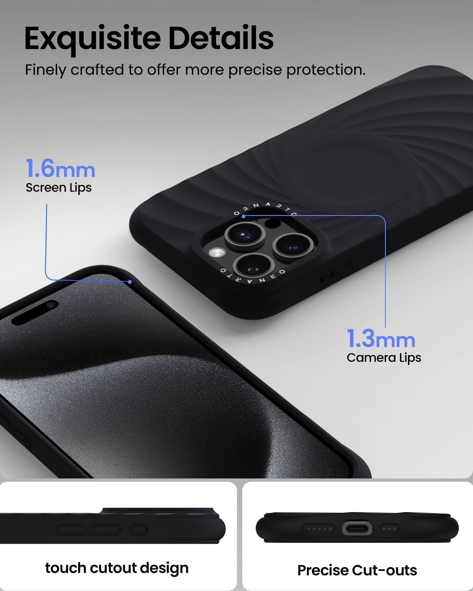 Exquisite Details Finely crafted to offer more precise protection. 1.6mm Screen Lips 1.3mm Camera Lips touch cutout design Precise Cut-outs