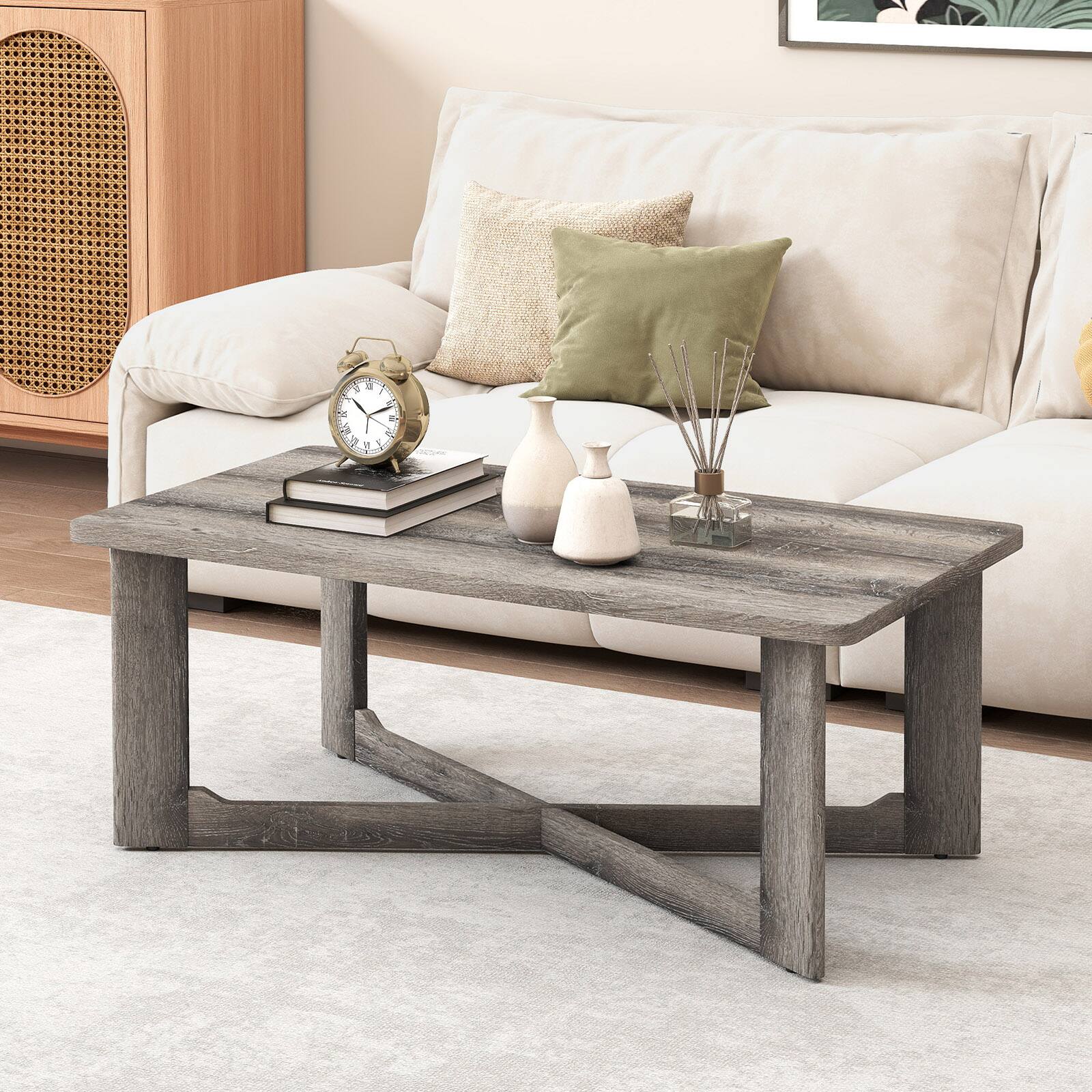 Alt View 1. Gymax - Gymax Coffee Table Solid Rubber Wood Center Table w/ X-Shaped Base for Living Room - Gray.