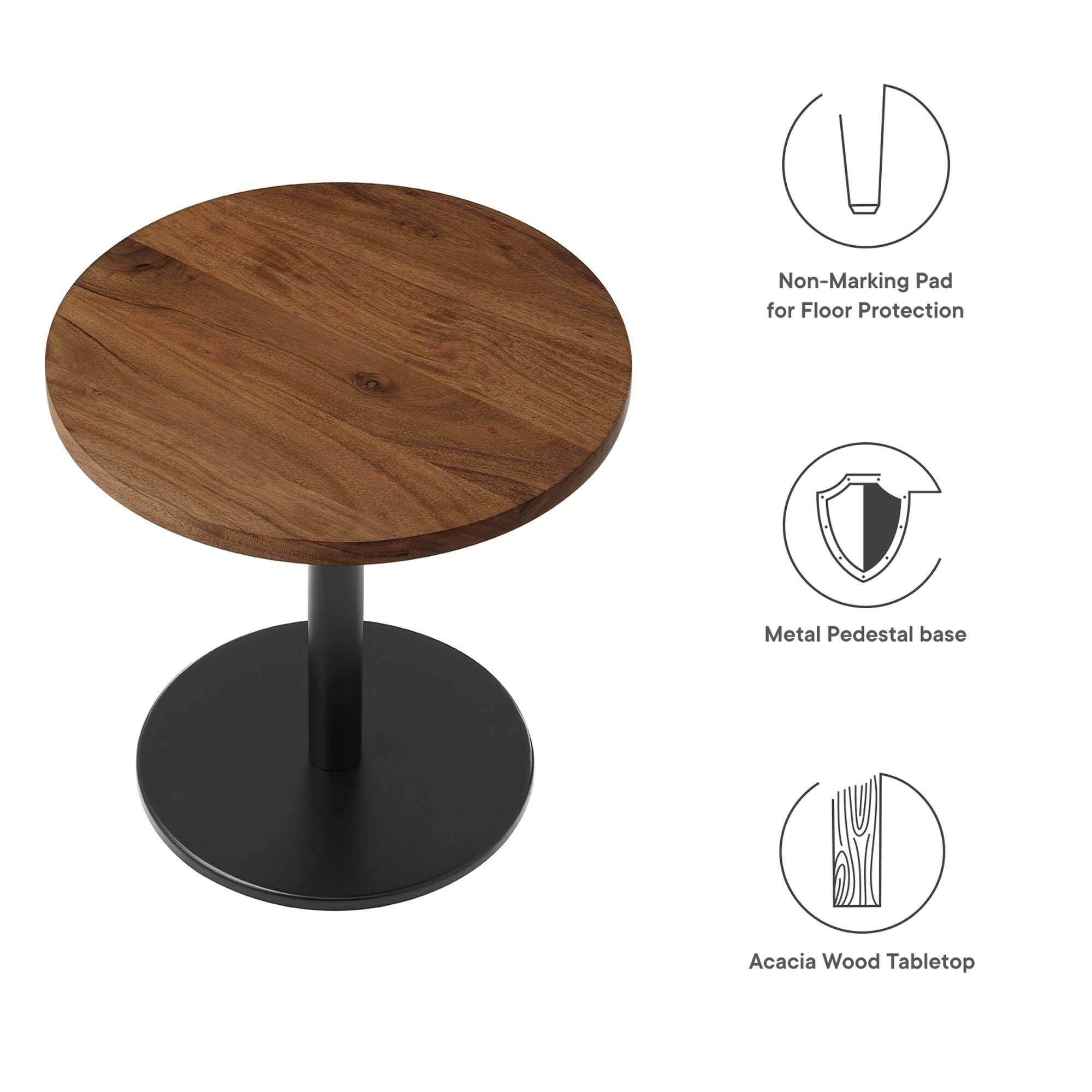- Non-Marking Pad for Floor Protection
- Metal Pedestal base
- Acacia Wood Tabletop