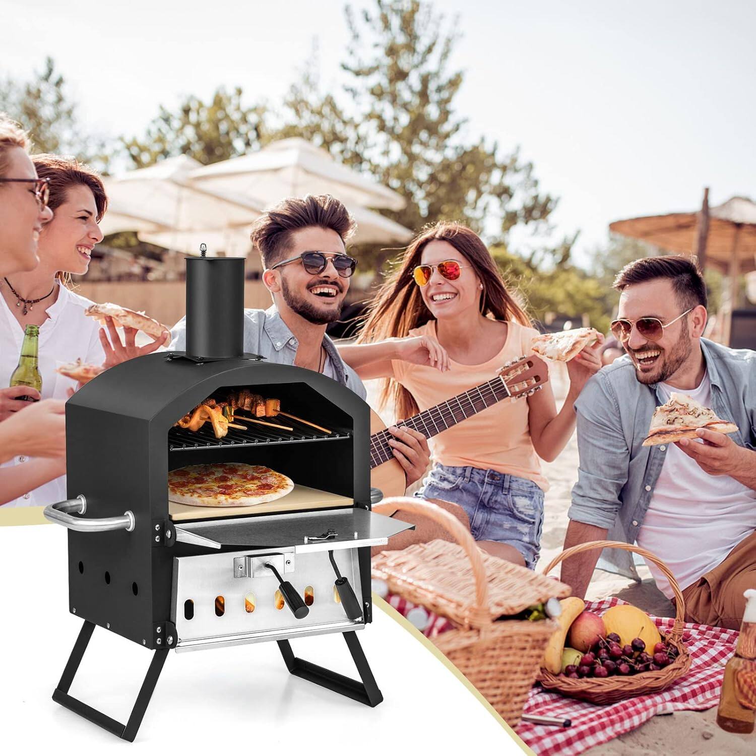 Alt View 4. Costway - Costway Picnic Outdoor Pizza Oven, Wood Fire Stone with Peel, Waterproof Cover, Fold-up Legs - Black + Silver.