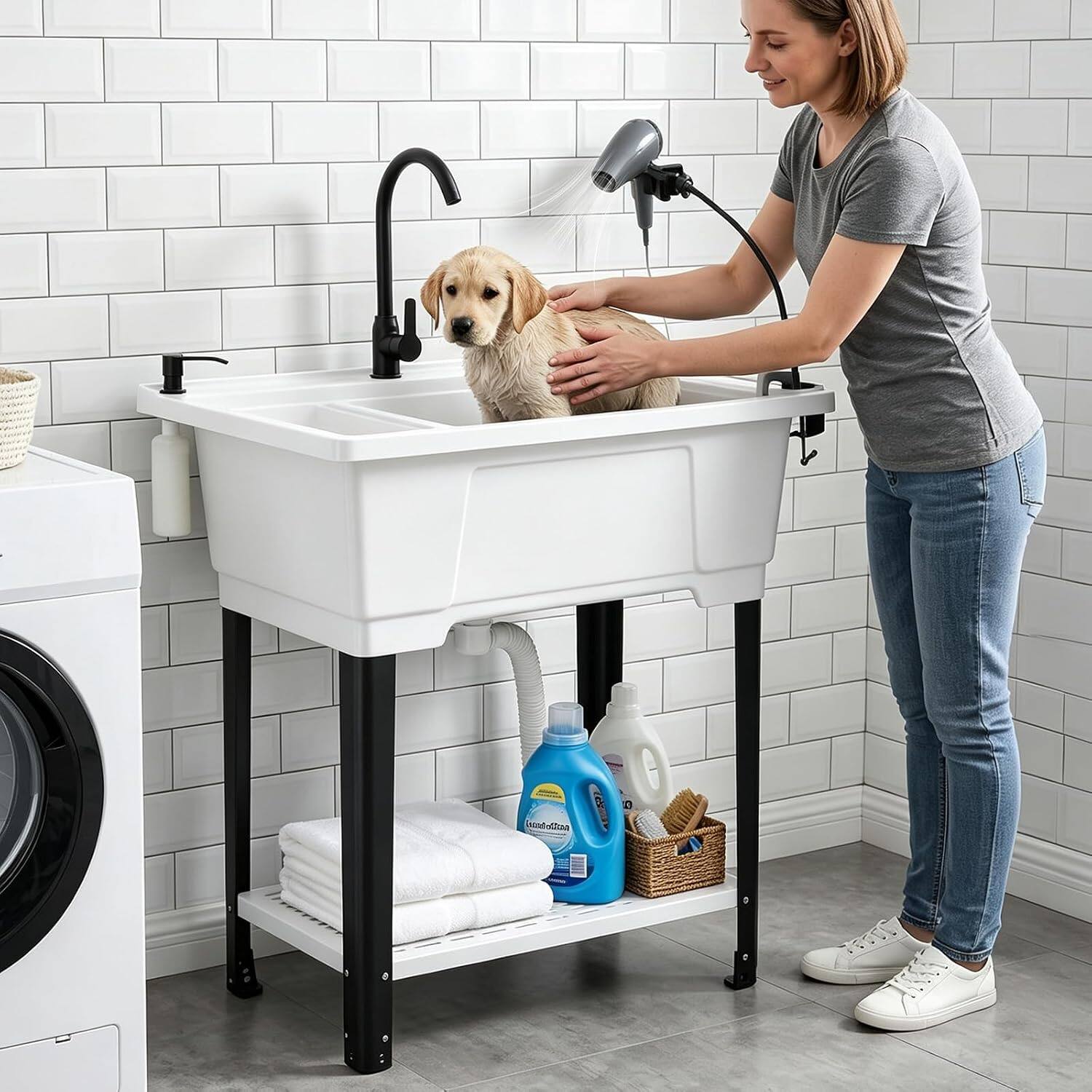 Alt View 4. Winado - Freestanding Utility Sink with Stainless Steel Faucet, Hair Dryer Stand, Soap Dispenser, Towel Holder for Garage Garden - White.