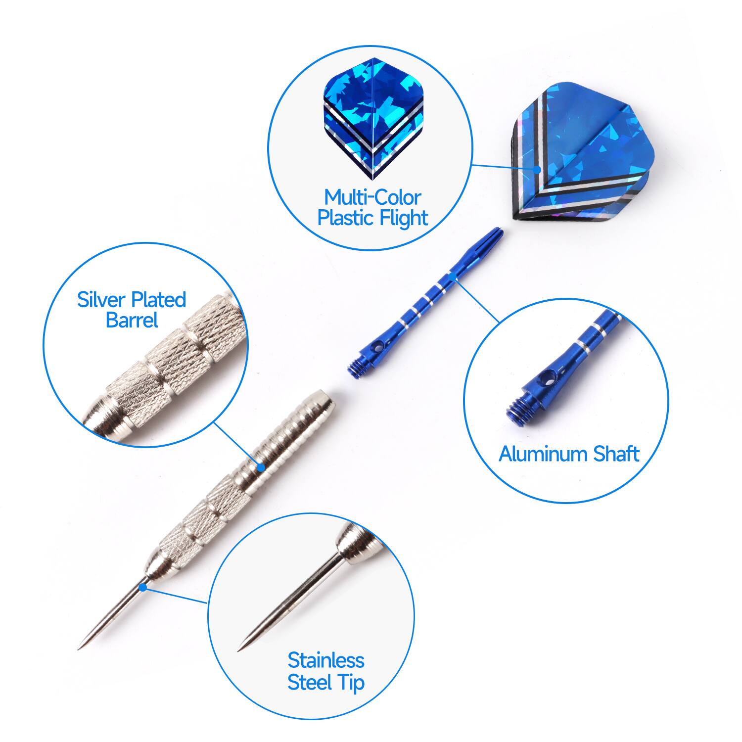 Multi-Color Plastic Flight, Silver Plated Barrel, Aluminum Shaft, Stainless Steel Tip