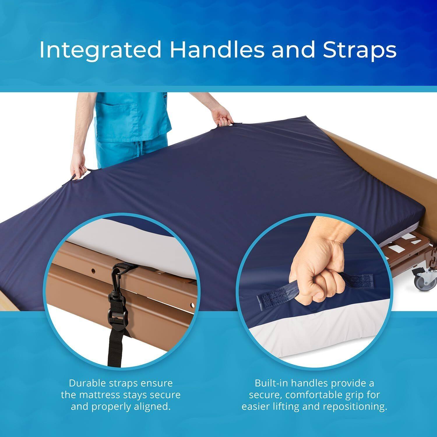 Integrated Handles and Straps

Durable straps ensure the mattress stays secure and properly aligned.

Built-in handles provide a secure, comfortable grip for easier lifting and repositioning.