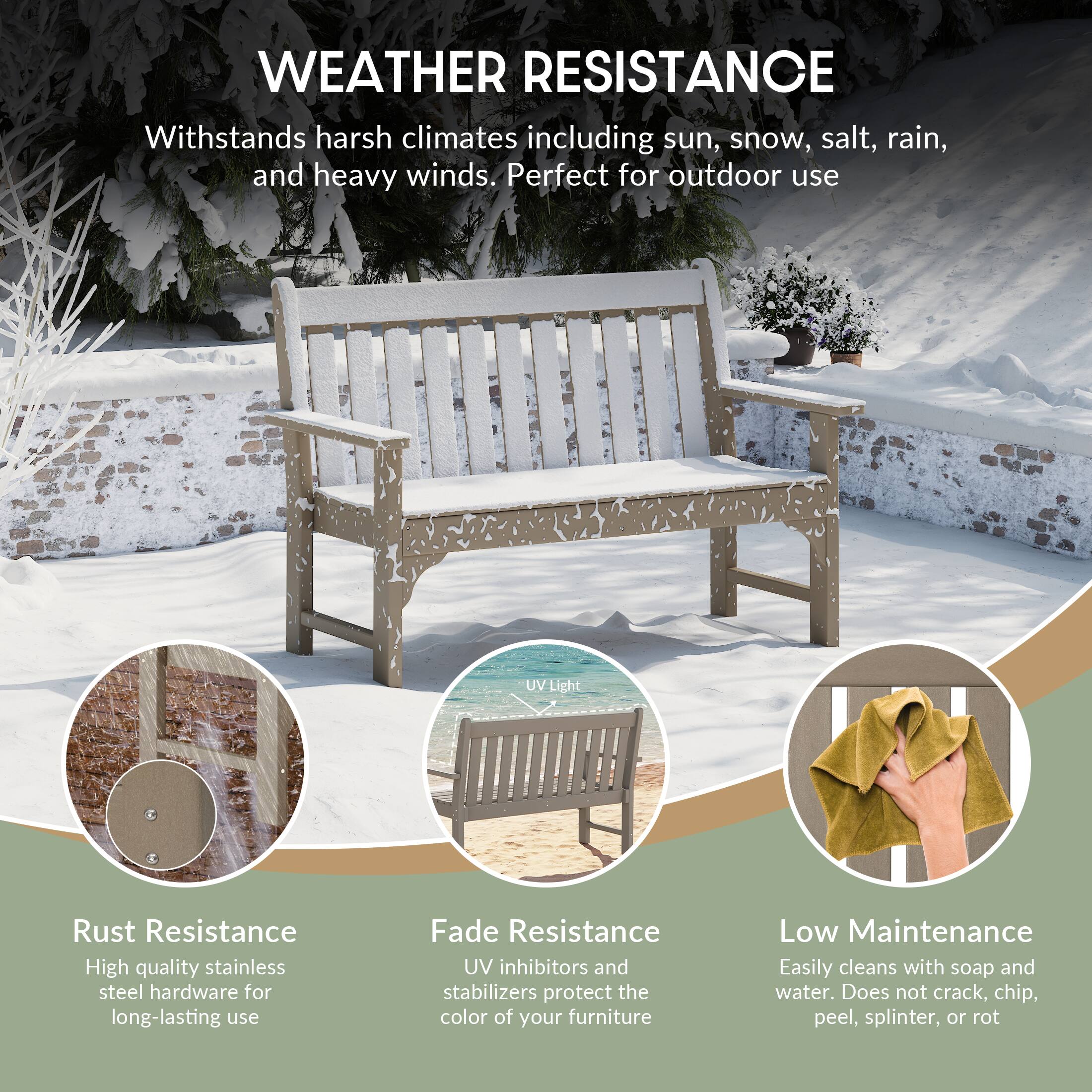 WEATHER RESISTANCE  
Withstands harsh climates including sun, snow, salt, rain, and heavy winds. Perfect for outdoor use

UV V.Light

Rust Resistance  
High quality stainless steel hardware for long-lasting use

Fade Resistance  
UV inhibitors and stabilizers protect the color of your furniture

Low Maintenance  
Easily cleans with soap and water. Does not crack, chip, peel, splinter, or rot