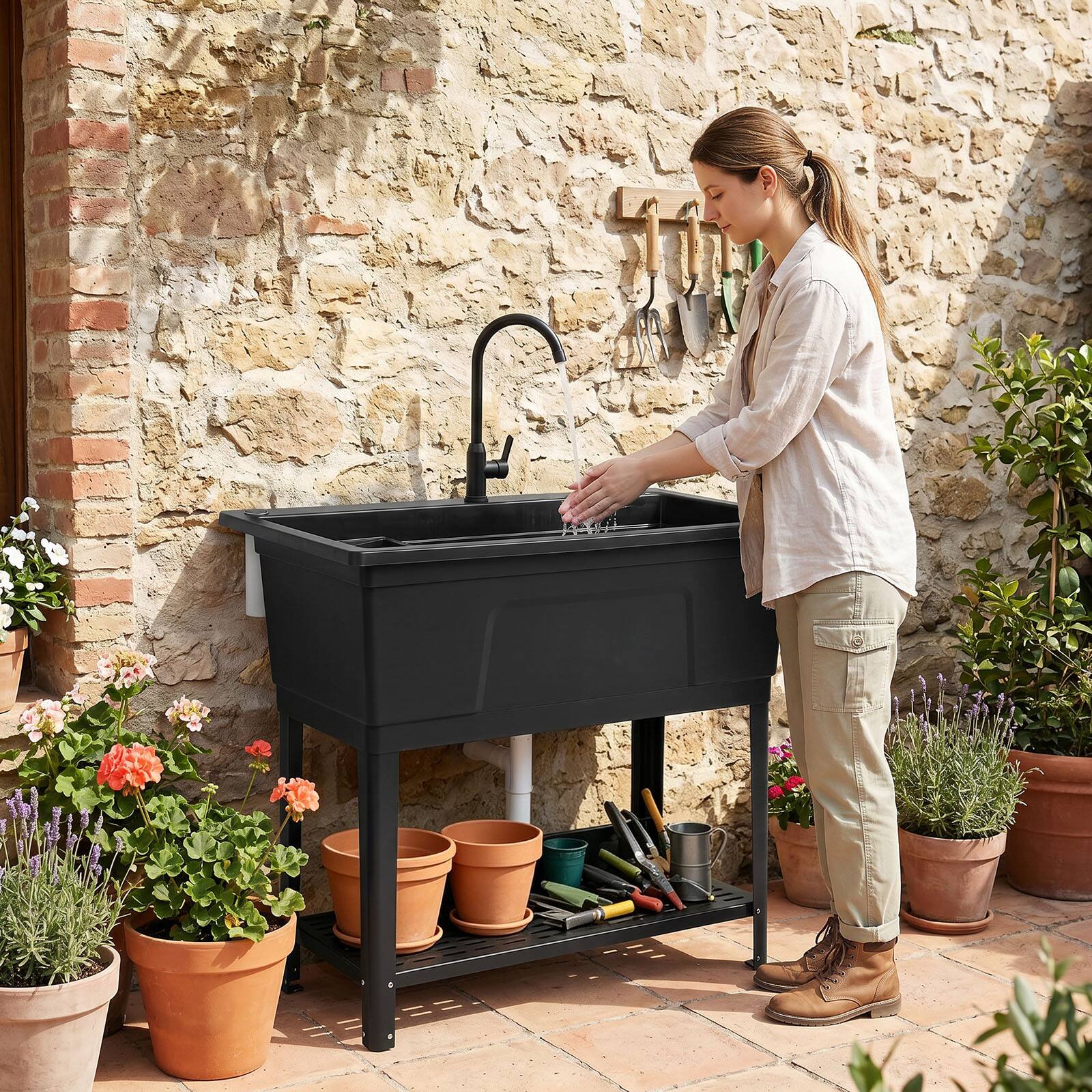Alt View 1. Costway - Costway 26.42 gal Utility Sink, Laundry Tub with Rotating Faucet, Storage Shelf, Drip Tray - Black.