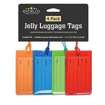 **EXCELLO GLOBAL PRODUCTS**

**4-Pack Jelly Luggage Tags**

**ASSORTED COLORS ARE PERFECT FOR FAMILIES GOING ON A TRIP**

**Flexible PVC - Includes Contact Information Card**

**4.1" x 2.3" (10.4 x 5.8 cm)**

**E-MAIL ADDRESS**

**TEL**

**ADDRESS**

**NAME**