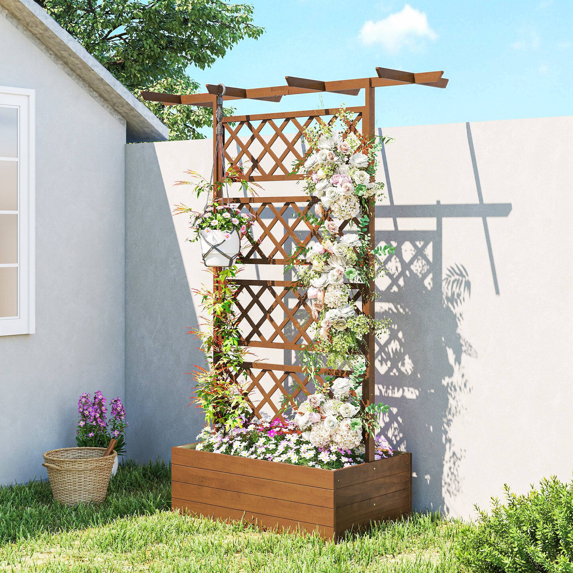 Alt View 1. Outsunny - Wooden Trellis Planter Box, Raised Garden Bed to Grow Vegetables - Orange.