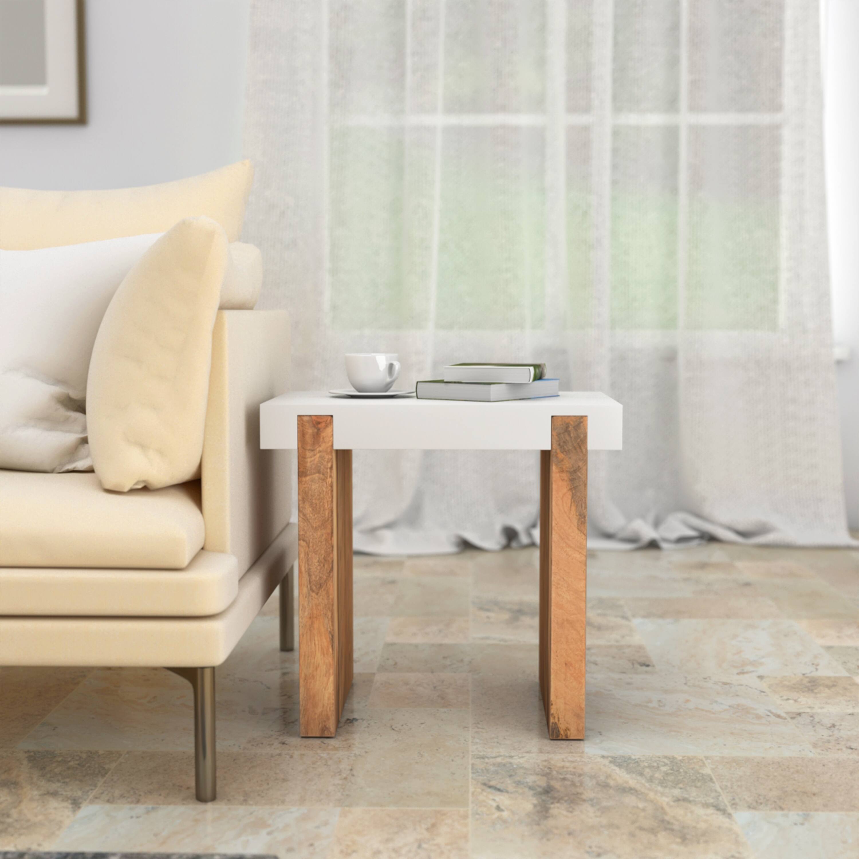 Alt View 8. Manhattan Lane - 20 Inch Rectangular End Side Table, Mango Wood, Sled Base, Glossy White - White and Brown.