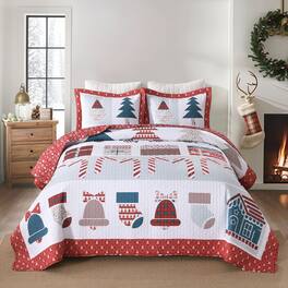 MarCielo - 3 Pcs Candy cane Polyester Christmas Quilt Bedspreads Set - Red