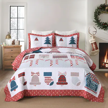 Front. MarCielo - MarCielo 3 Pcs Red Candy cane Polyester Christmas Quilt Bedspreads Set - Red.