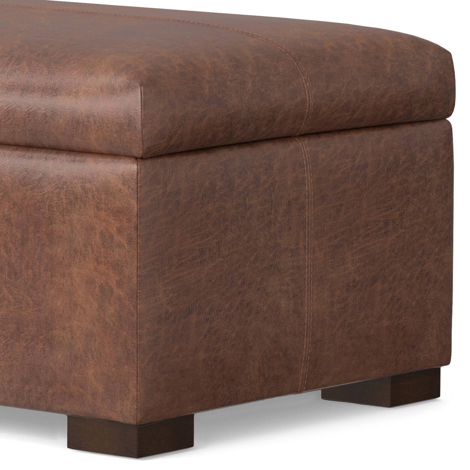 Alt View 4. Simpli Home - Gabbie 48 inch Wide Rectangular Storage Ottoman in Distressed Saddle Brown Vegan Leather - Distressed Saddle Brown.