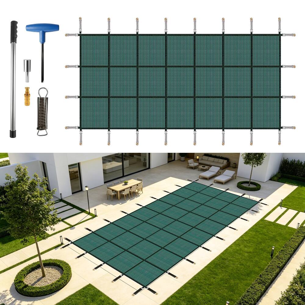 Front. Ropilly - Ropilly 16x32 ft inground pool safety cover, rectangular winter pool cover green.