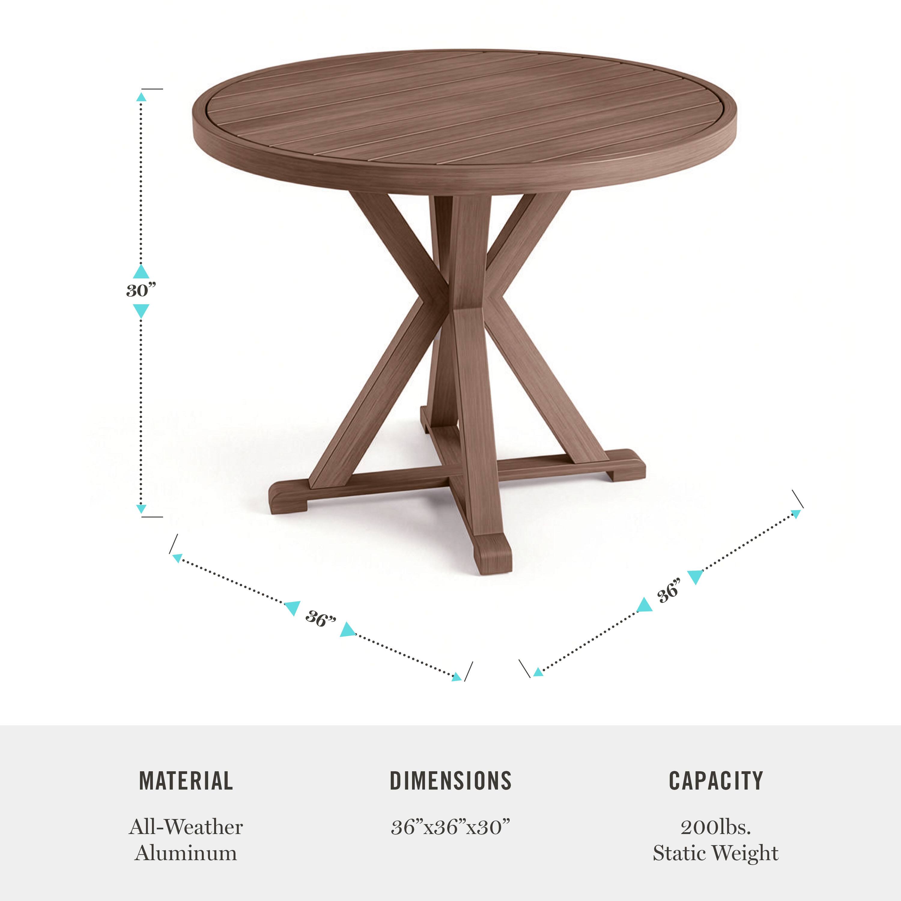 80" 86" 86"  
MATERIAL DIMENSIONS CAPACITY  
All-Weather Aluminum 36" 36"x36"x30" 200lbs. Static Weight