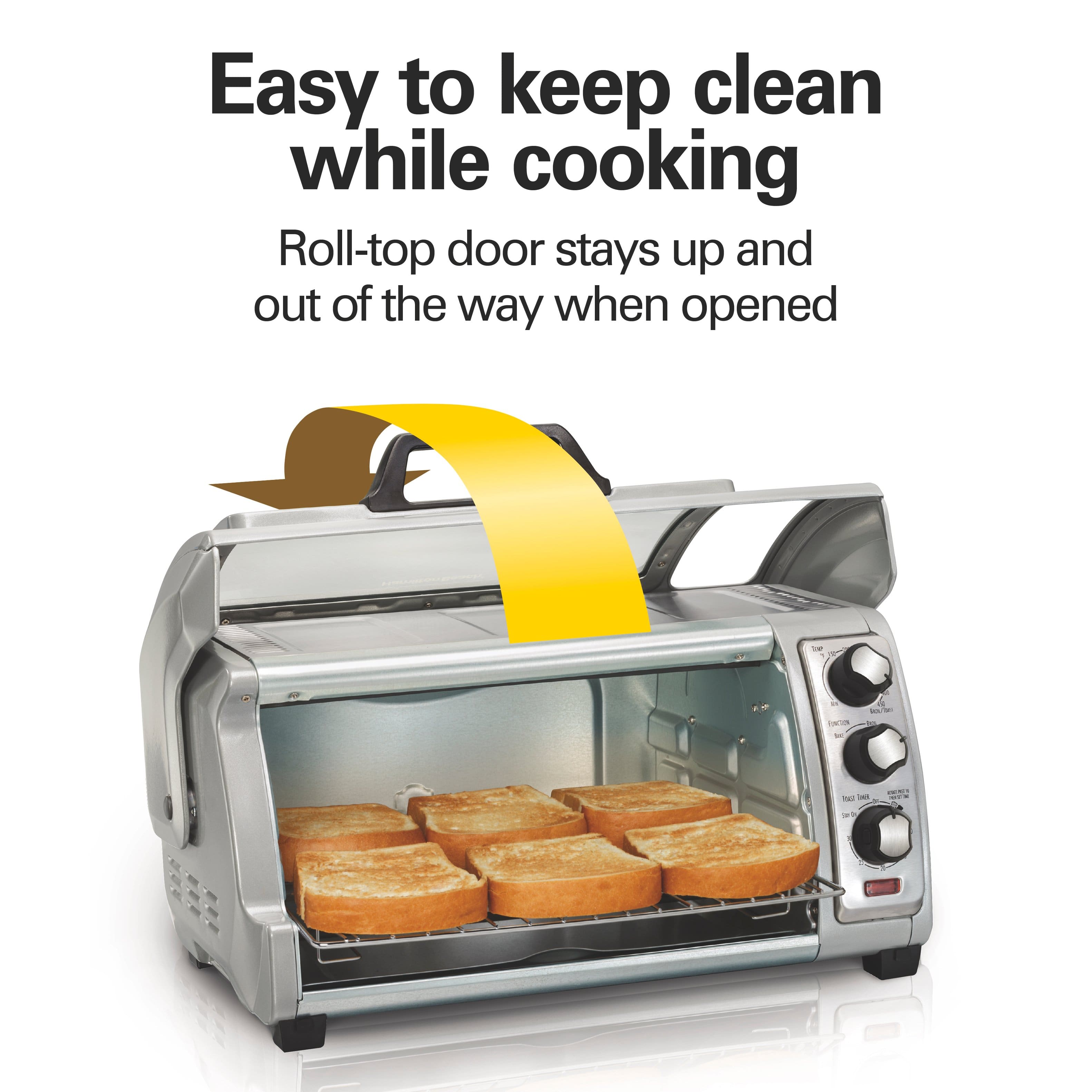 Easy to keep clean while cooking
Roll-top door stays up and out of the way when opened