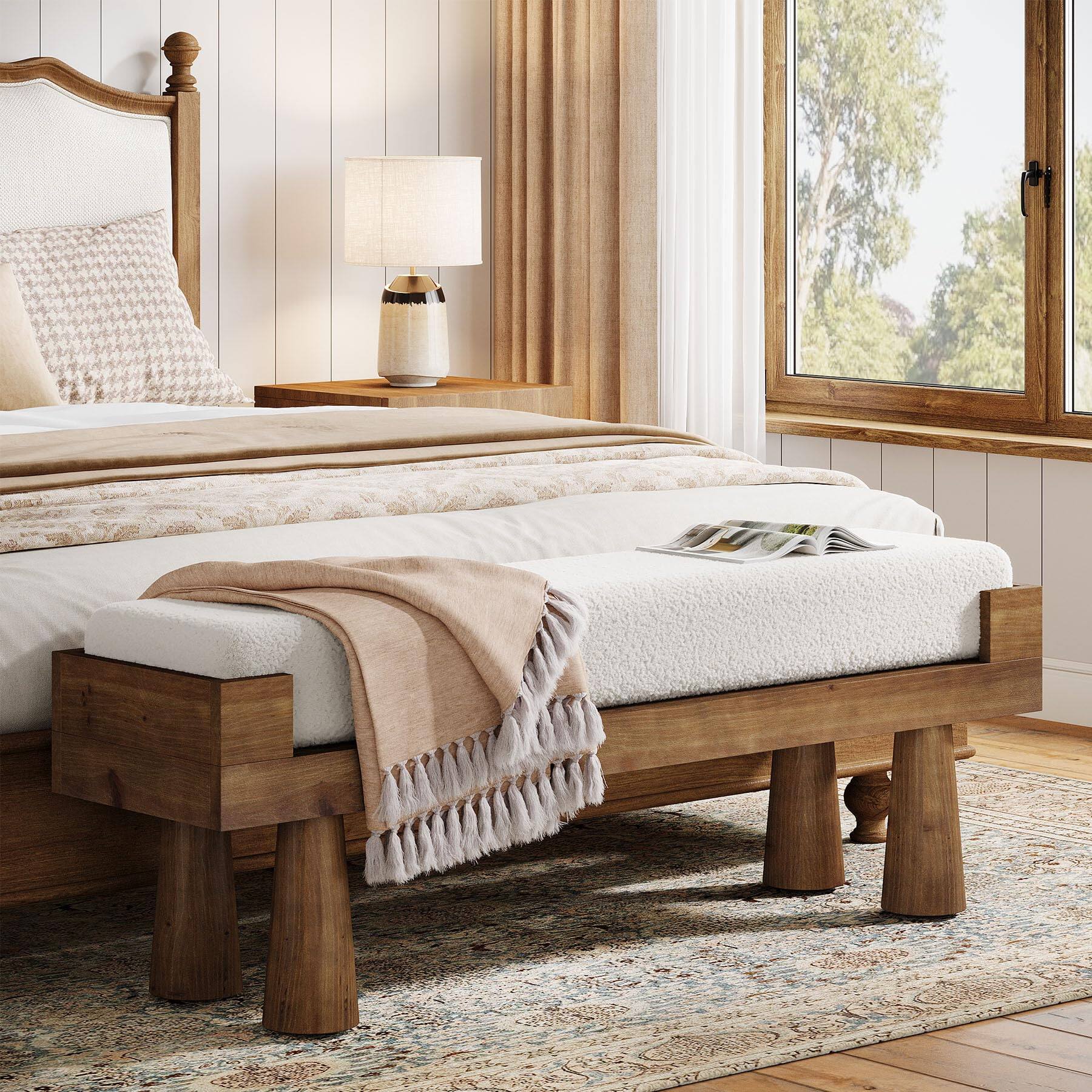Left. Tribesigns - Upholstered Entryway Bench, Shoe Bench End of Bed for Bedroom - Brown and White.