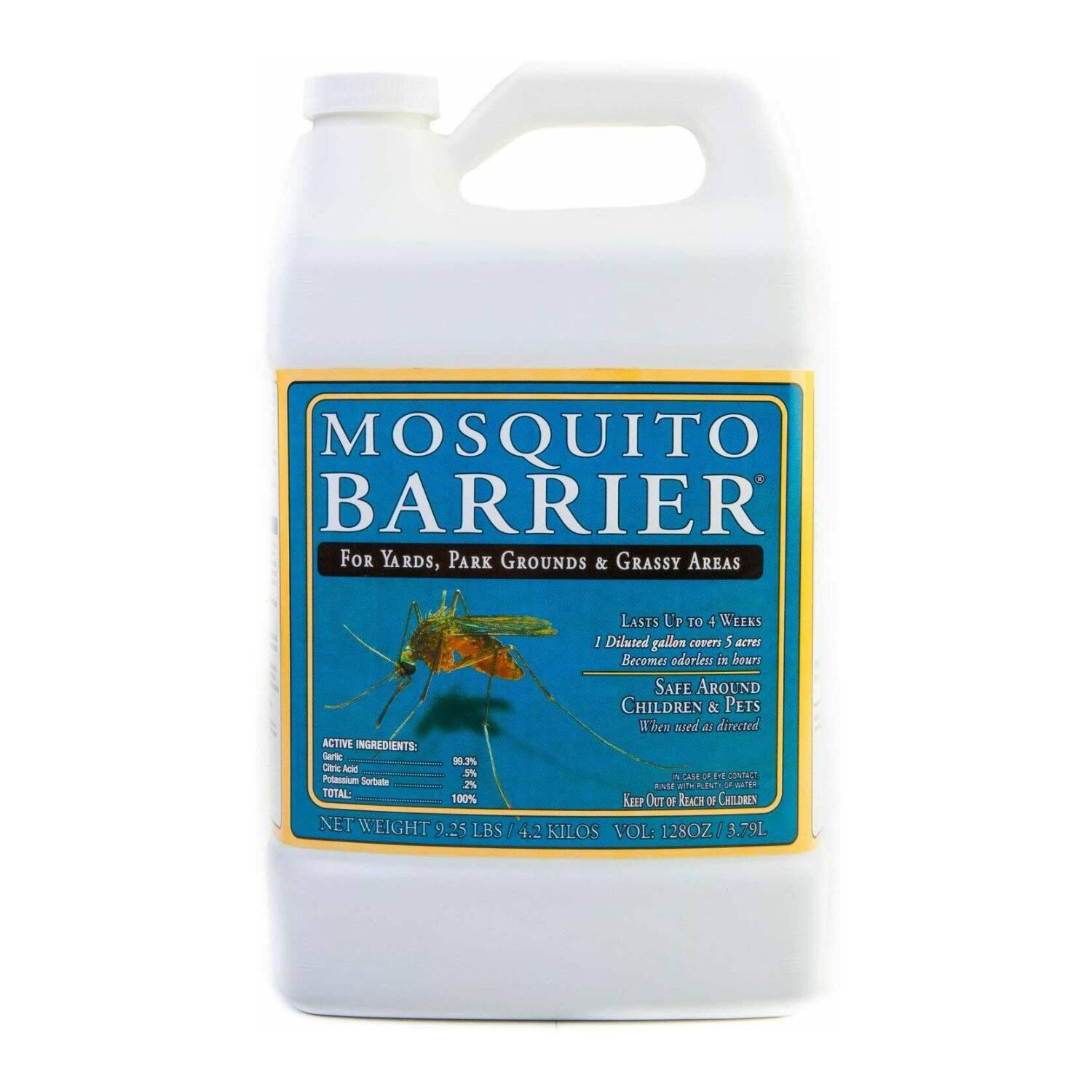 MOSQUITO BARRIER FOR YARDS, PARK GROUNDS & GRASSY AREAS

ACTIVE INGREDIENTS:
Seric 8%
Acal 3%
Potassium Sorbate 2%
TOTAL: 100%

NET WEIGHT 9.25 LBS / 4.2 KILOS
VOL: 128 OZ / 3.79 L

LASTS UP TO 4 WEEKS
1 Diluted gallon covers 5 acres
Becomes odorless in hours

SAFE AROUND CHILDREN & PETS When used as directed

IN CASE OF CONTACT: KEEP OUT OF REACH OF CHILDREN
