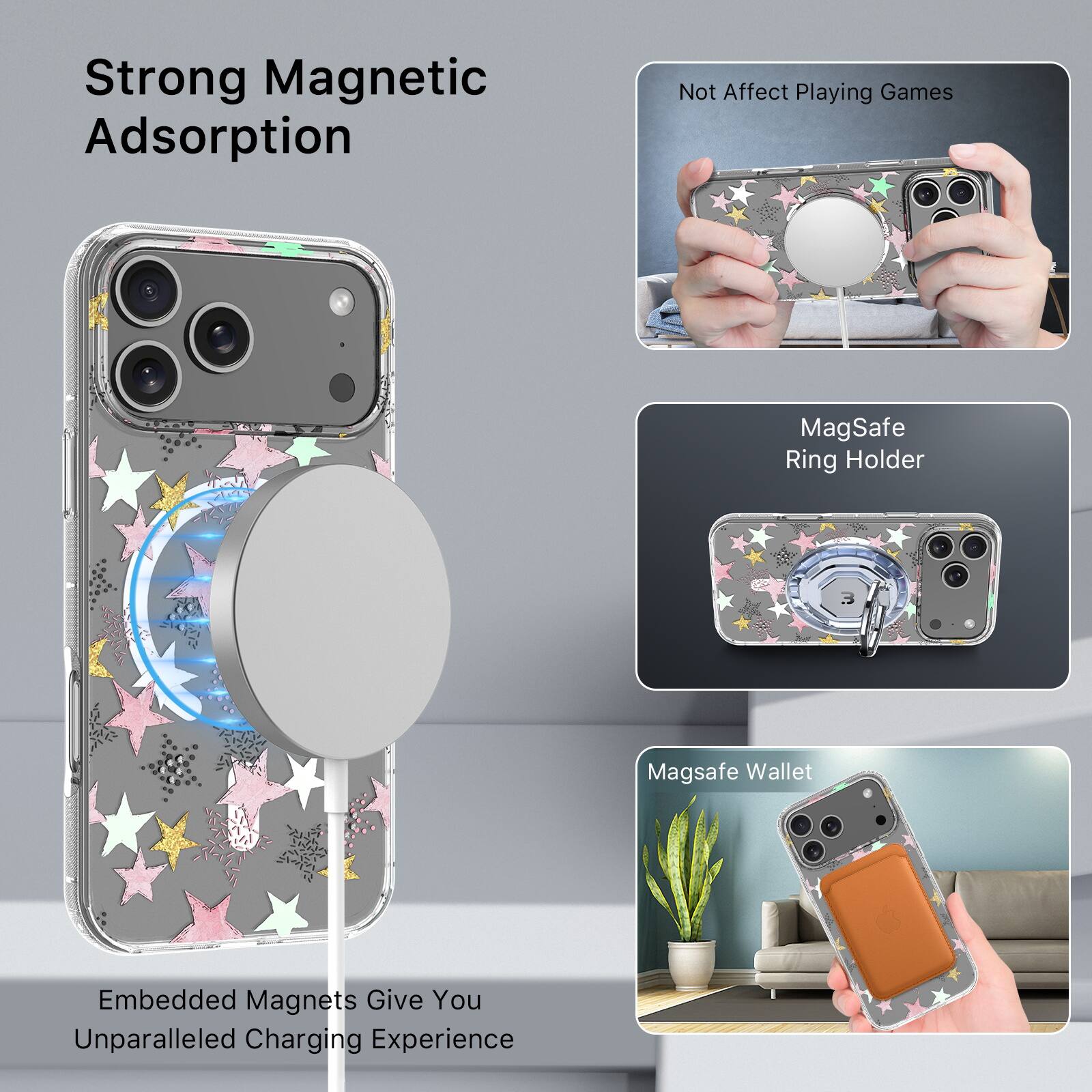 Strong Magnetic Adsorption

Embedded Magnets Give You Unparalleled Charging Experience

Not Affect Playing Games

MagSafe Ring Holder

MagSafe Wallet