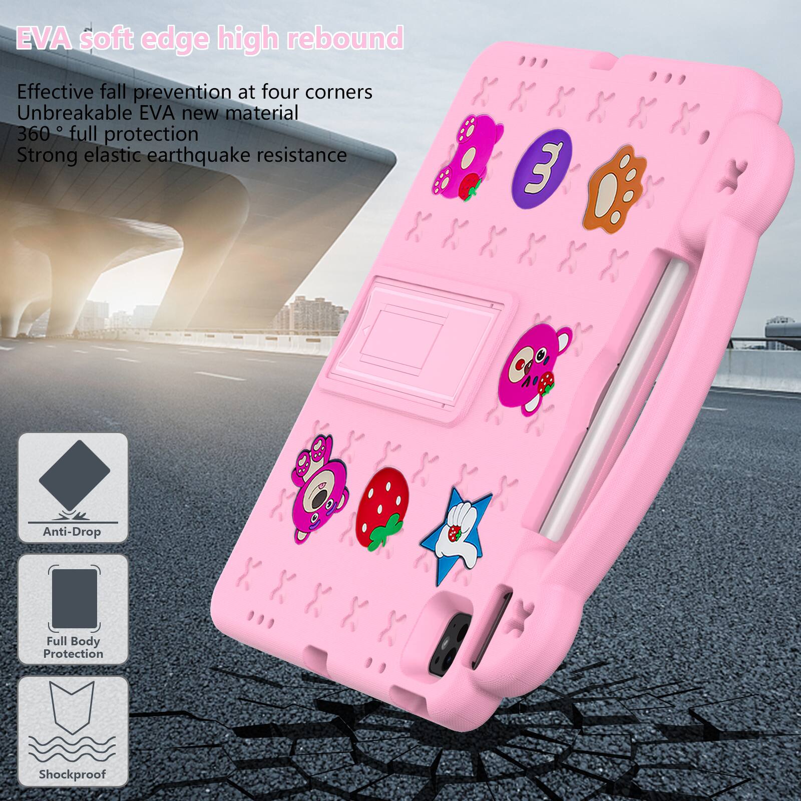 EVA soft edge high rebound  
Effective fall prevention at four corners  
Unbreakable EVA new material  
360° full protection  
Strong elastic earthquake resistance  
Anti-Drop Full Body Protection  
Shockproof