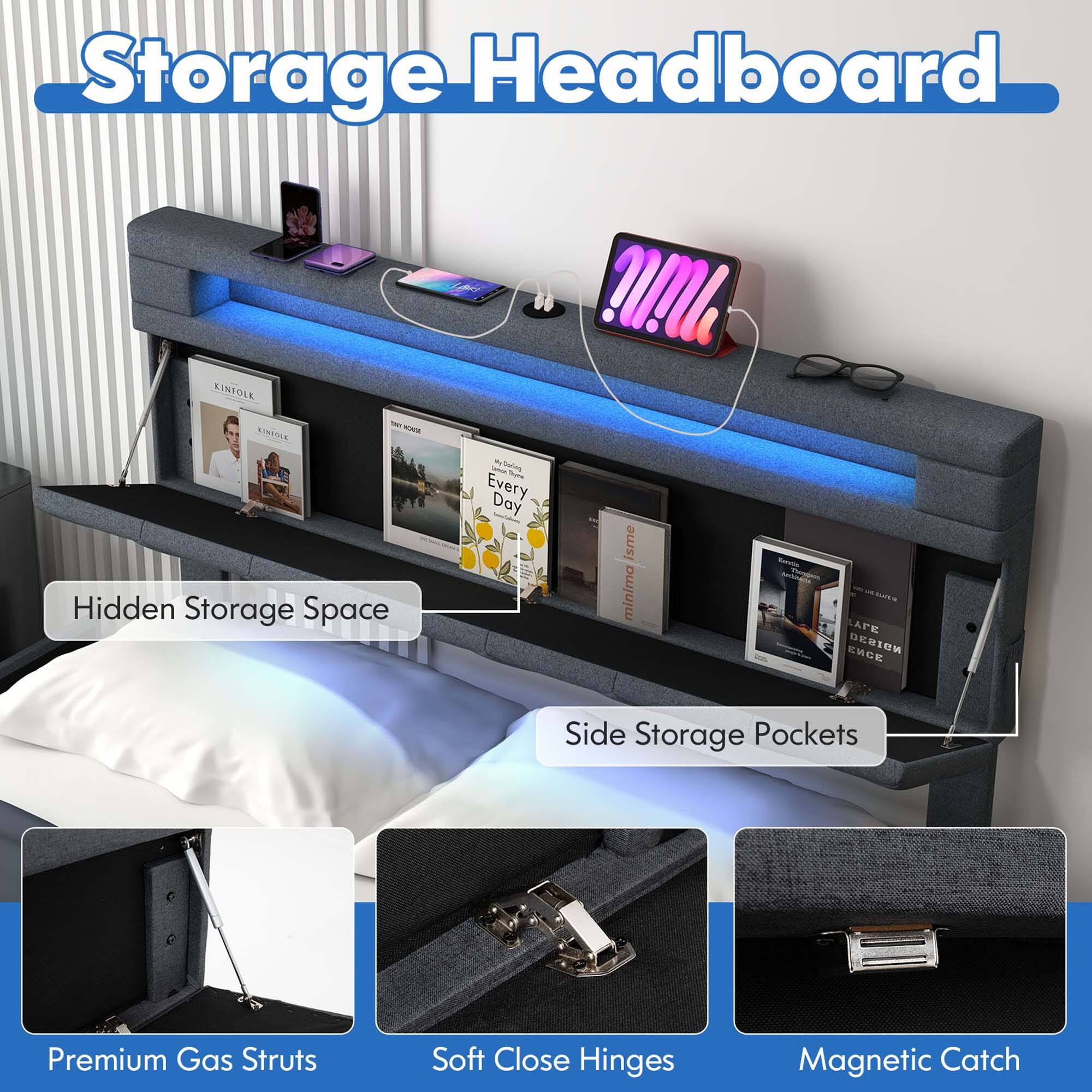Storage Headboard RINFOLK - Hidden Storage Space - Self Storage Do Every Day - Minimalist Design - Side Storage Pockets - Premium Gas Struts - Soft Close Hinges - Magnetic Catch