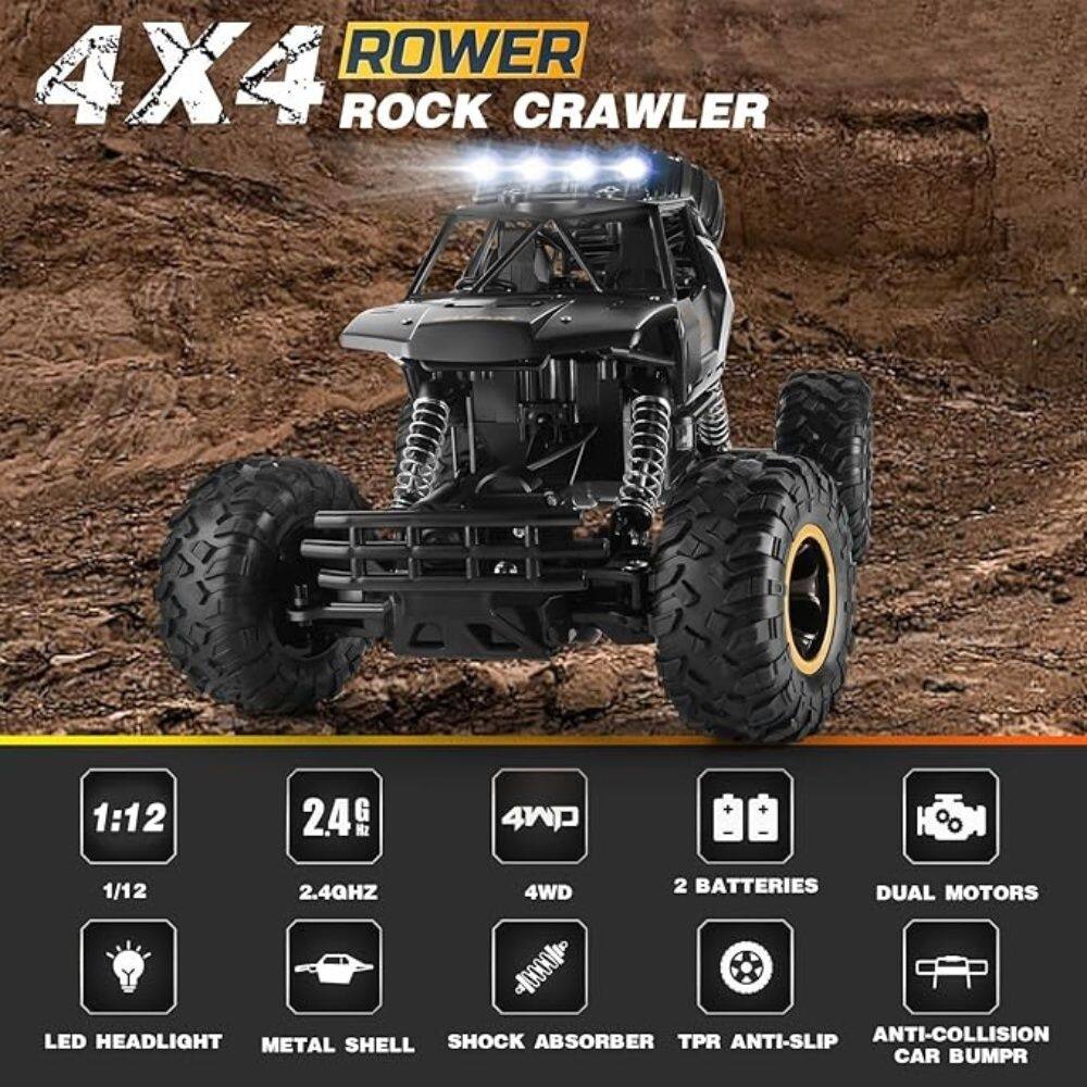 4X4 ROWER ROCK CRAWLER 1:12 24G 4WD 1/12 2.4QHZ 4WD 2 BATTERIES DUAL MOTORS LED HEADLIGHT SHOCK ABSORBER TPR ANTI-SLIP ANTI-COLLISION METAL SHELL CAR BUMPR