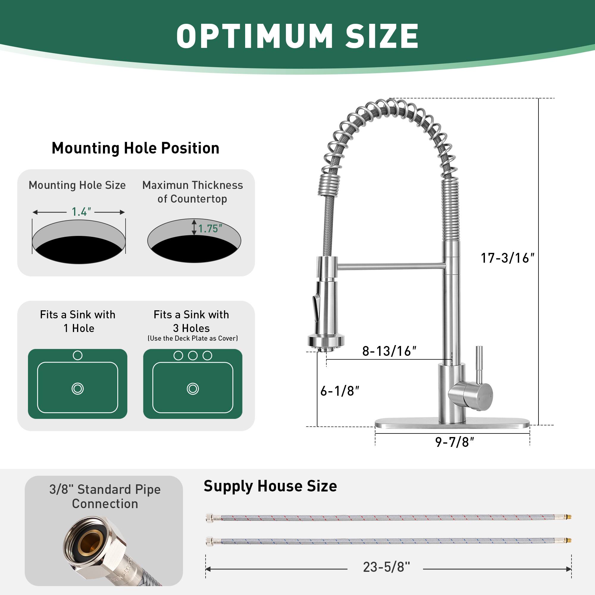 OPTIMUM SIZE

Mounting Hole Position

- Mounting Hole Size: 1.4"
- Maximum Thickness of Countertop: 1.75"

Fits a Sink with 1 Hole

Fits a Sink with 3 Holes
[Use the Deck Plate as Cover]

- 8-13/16"
- 6-1/8"
- 9-7/8"

3/8" Standard Pipe Connection

Supply House Size: 23-5/8"