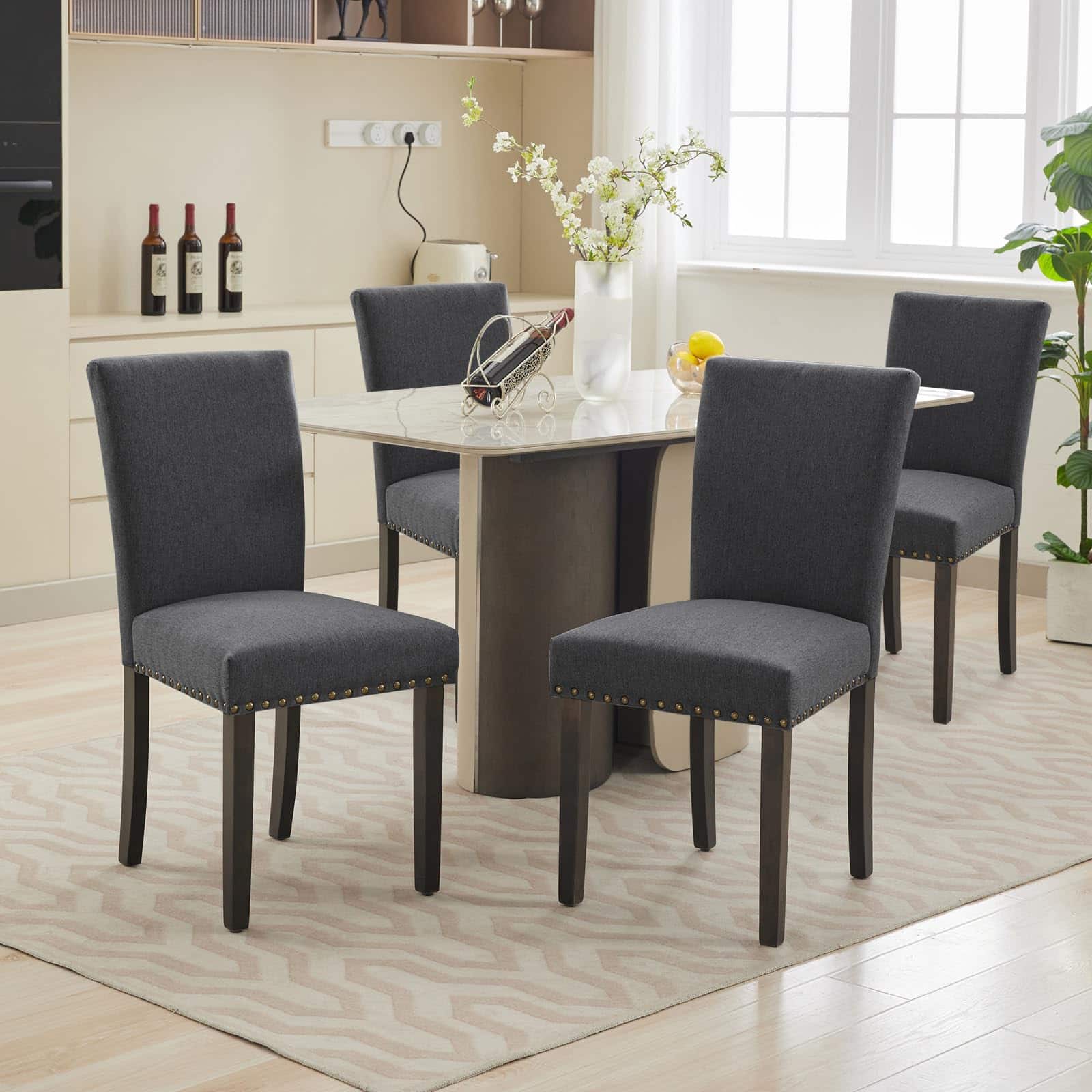 Acekool - Dining Chairs Set of 4, Linen Fabric Upholstered Parsons Diner Room Chair Sets, Nailhead Trim Design - Dark Gray
