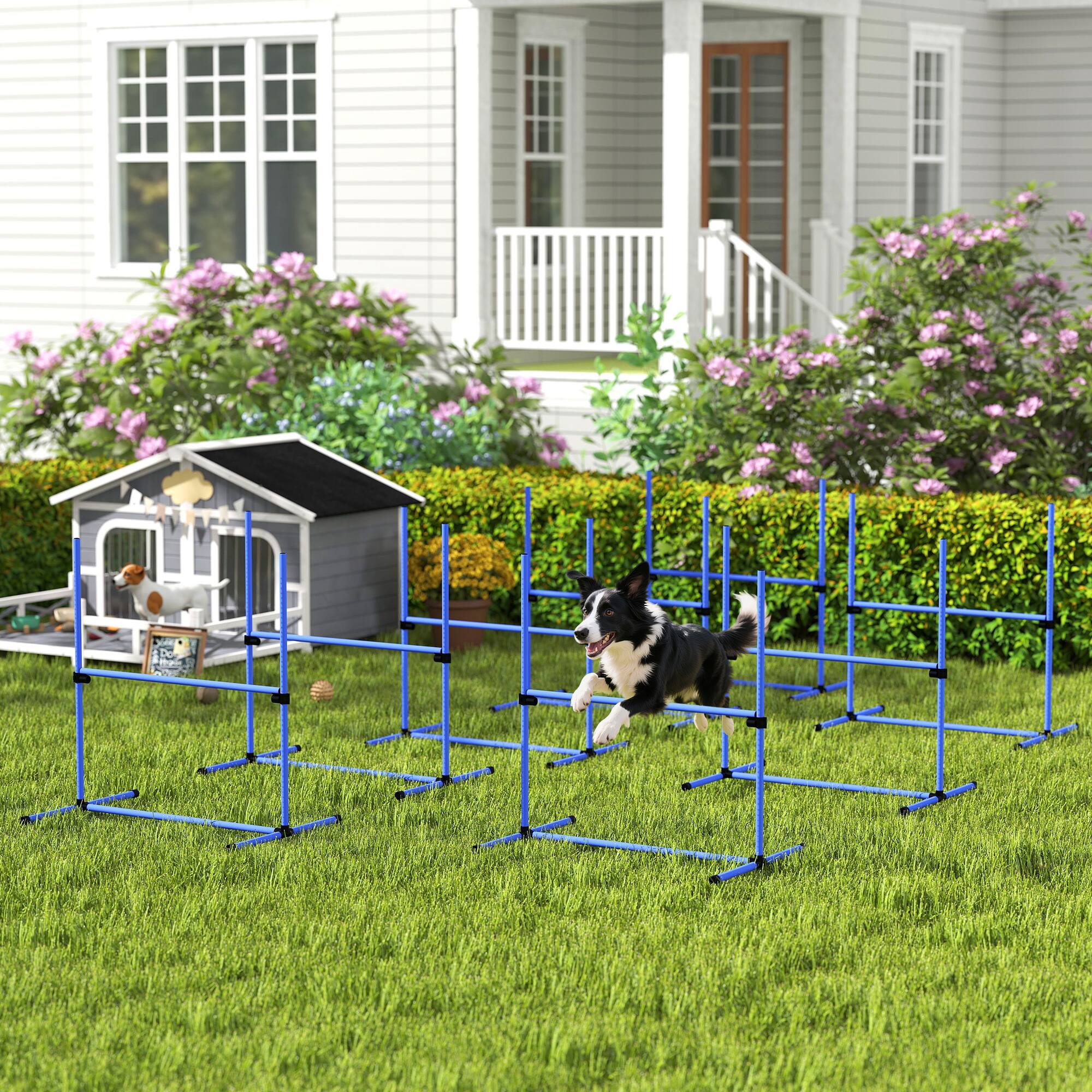 Angle. Pawhut - 8 Piece Dog Agility Equipment, Adjustable Height Jump Bars, Carry Bag, Displacing Top Bar - Blue.