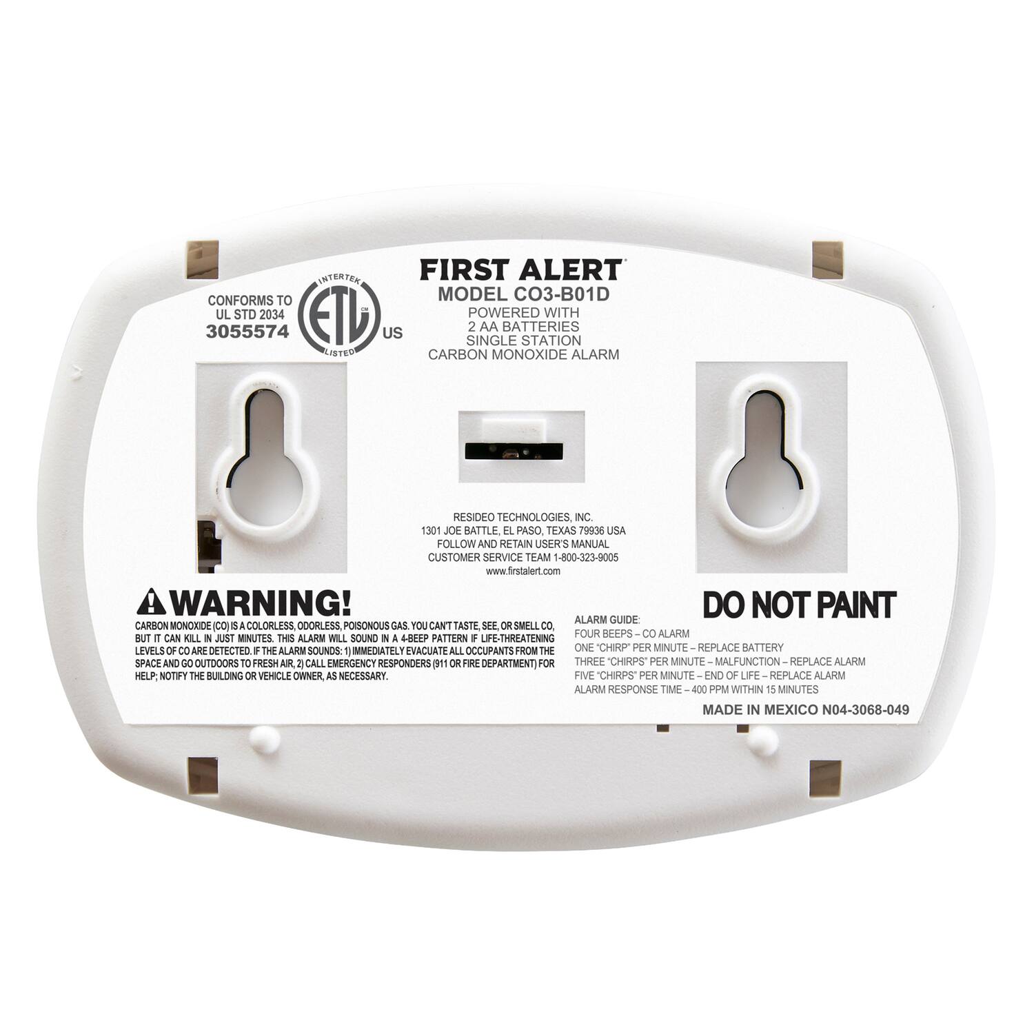 First Alert CO3 B01D T Battery Operated Carbon Monoxide Alarm, Digital ...