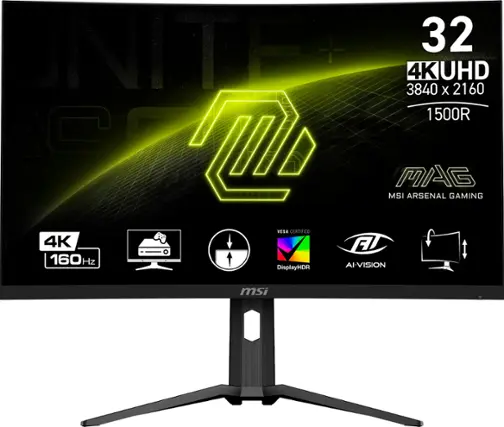 The text on the image reads: "NITE 32 4K 4KUHD 3840 X 2160 1500R 49 LL MAG MSI ARSENAL GAMING VESA CERTIFIED 4K F 160Hz AI-VISION DisplayHDR msi." This text is grouped and corrected as follows:
"NITE 32 4K 4KUHD 3840 X 2160 1500R 49 LL MAG MSI ARSENAL GAMING VESA CERTIFIED 4K F 160Hz AI-VISION DisplayHDR msi."