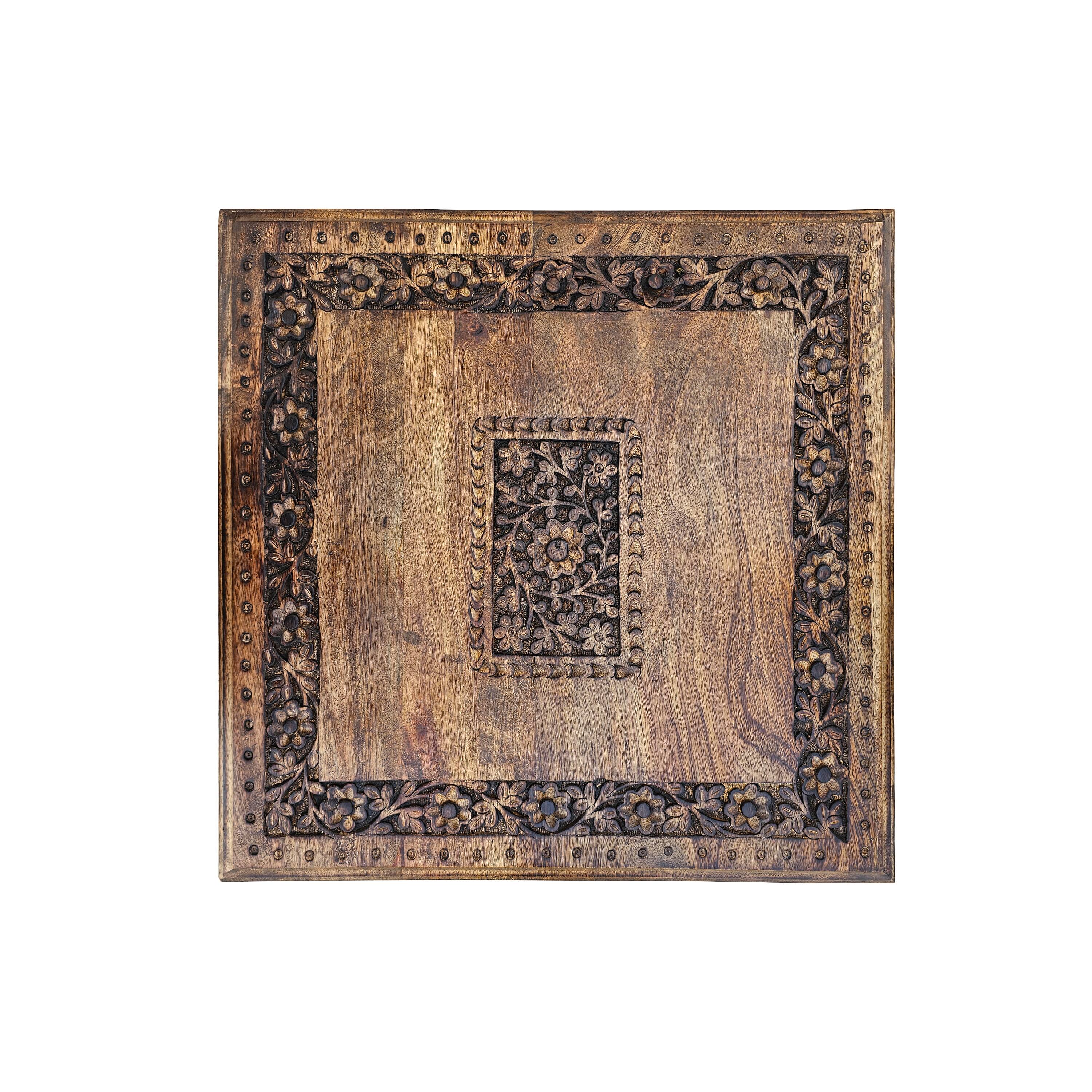 Alt View 5. Manhattan Lane - 21 Inch Boho Side End Table, Floral Carved Details, Foldable Panel Legs - Brown.