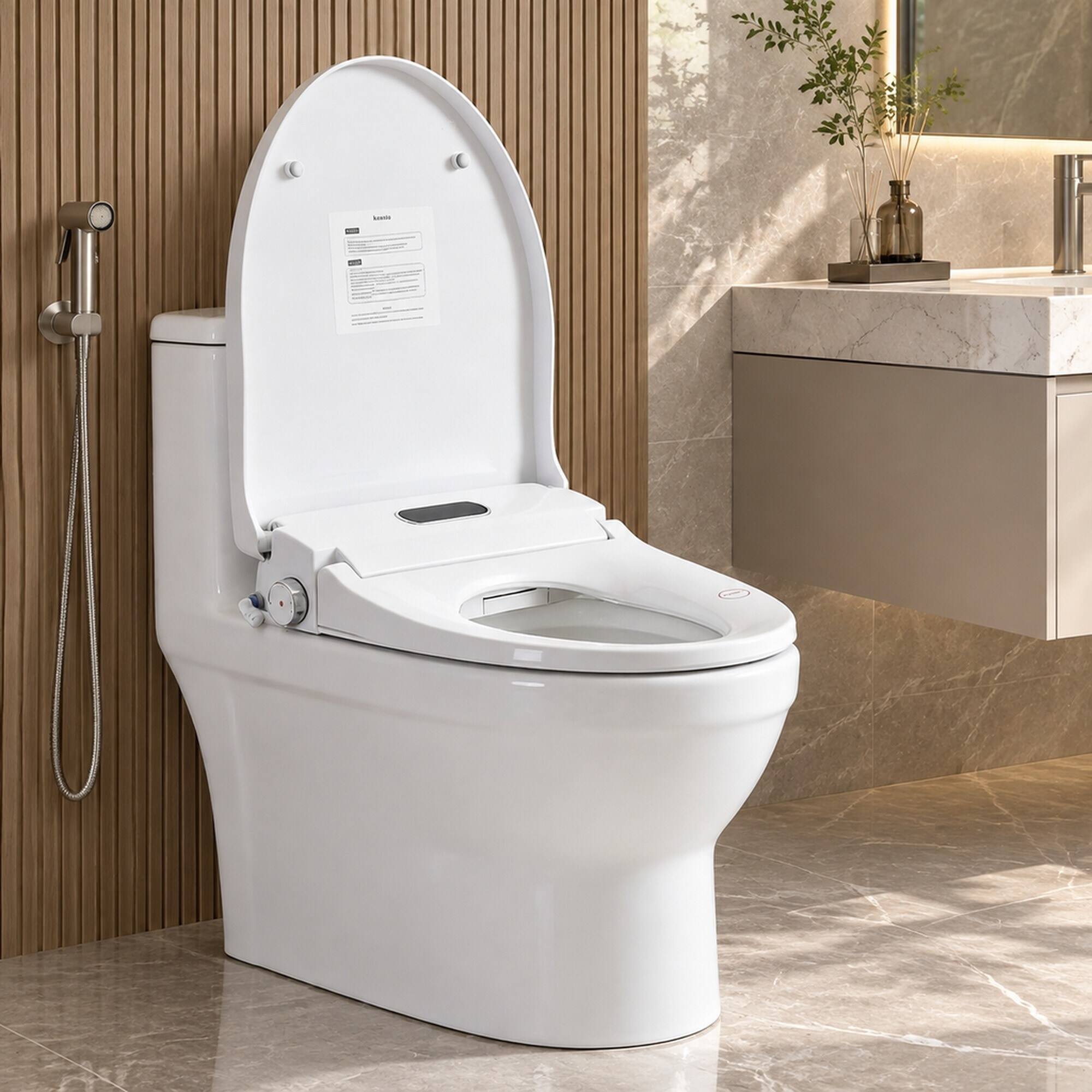 Angle. RYHNUYNE - Smart Bidet Toilet Seat, Side Knob Heated Seat Water Temperature and Pressure Adjustment Auto Open and Close Night Light - White.