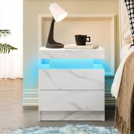 Ecooso - LED Nightstand with 2 Drawers, Modern Bedside Table for Bedroom, Adjustable Lighting and Storage Design - Matte White
