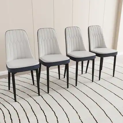Front. Tiramisubest - Modern Style Dining Chair Set of 4, High-Quality PU Leather with Thick Cushions, Black Metal Legs, White and Blue - White.