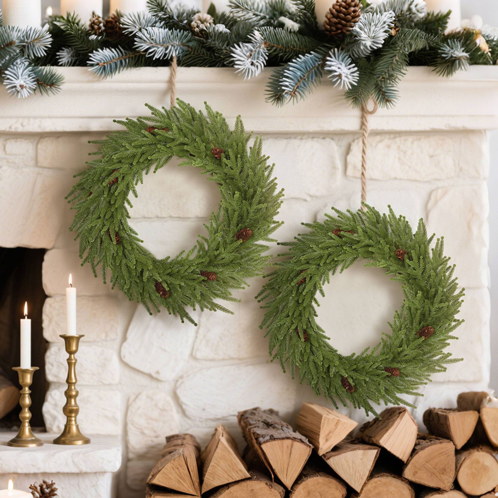 Alt View 7. Homcom - 24in Christmas Wreath with Pine Cones, Artificial Norfolk Pine, 88 Realistic Branches, Indoor, Green - Green.