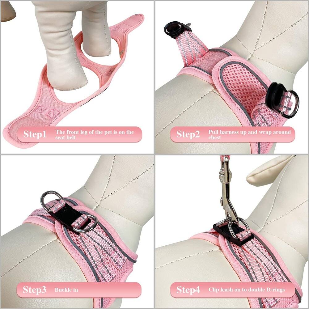 Step 1: The front leg of the pet is on the seat belt.

Step 2: Pull harness up and wrap around chest.

Step 3: Buckle in.

Step 4: Clip leash on to double D-rings.