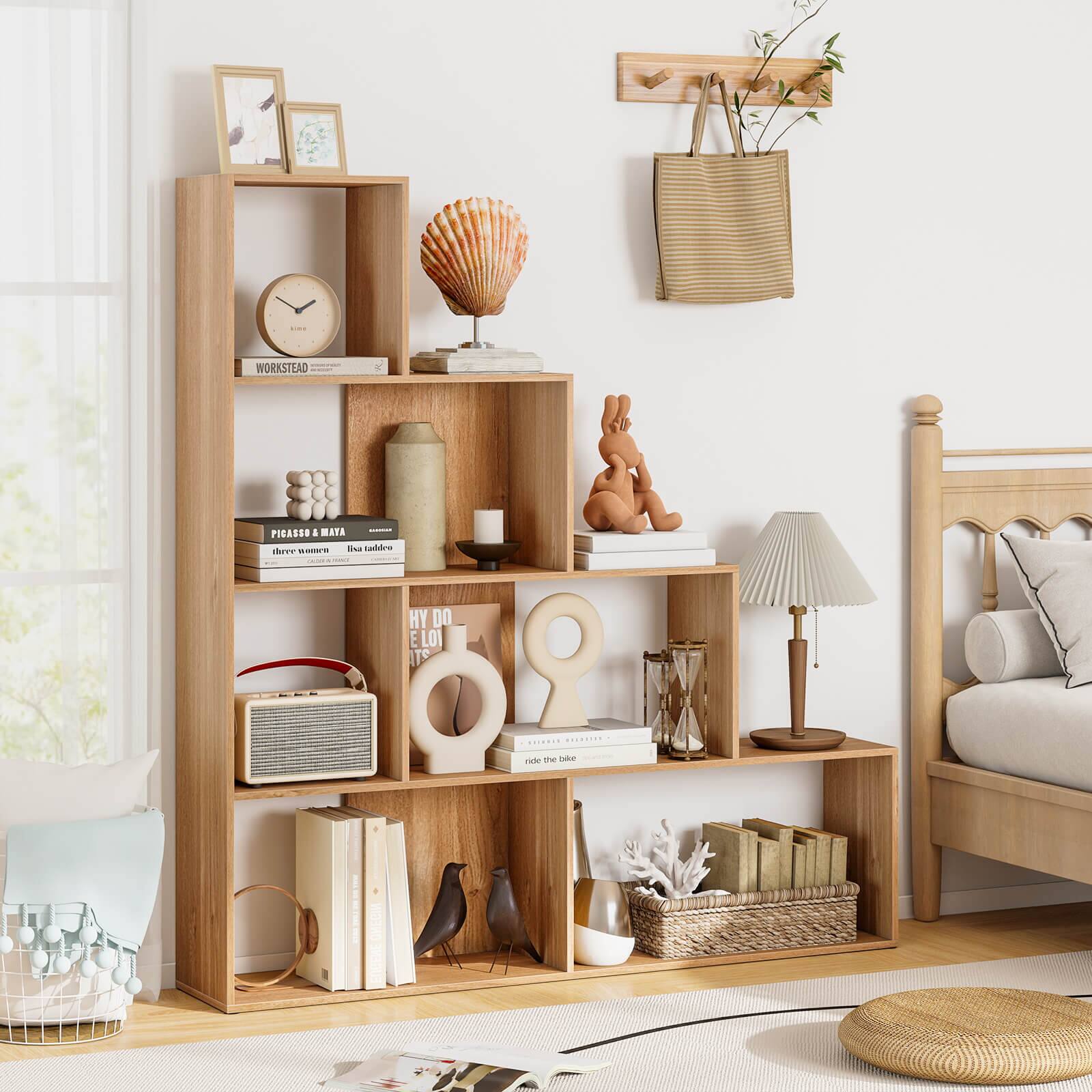 The image features a bedroom with a wooden bookshelf filled with various items. The shelf contains a clock, a vase, a teddy bear, and several books. Additionally, there is a potted plant on the shelf, adding a touch of greenery to the room. The bedroom also includes a bed, a window, and a chair. The overall scene is well-organized and inviting, creating a cozy and comfortable atmosphere.