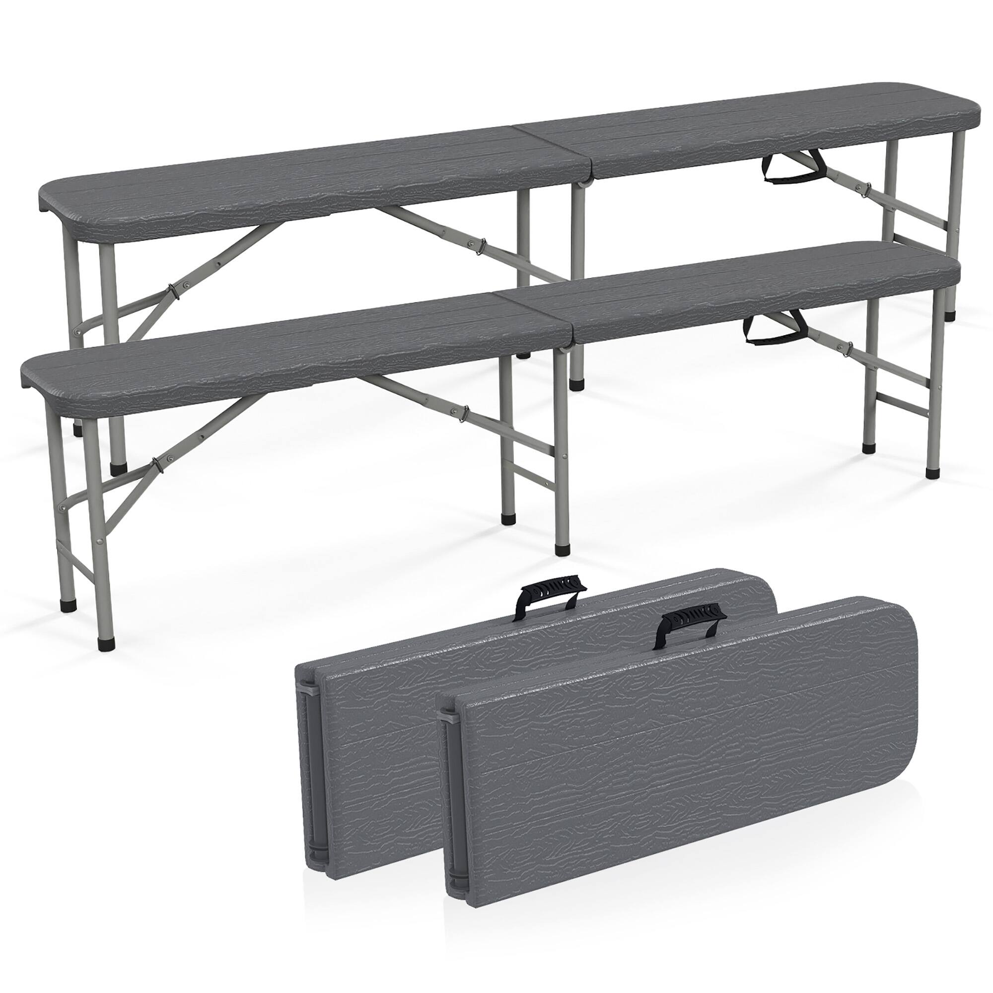 Front. Gymax - Gymax 2PCS 6 ft Plastic Folding Bench Portable Fold-in-Half Seat w/ 1320 LBS Capacity Gray - Gray.