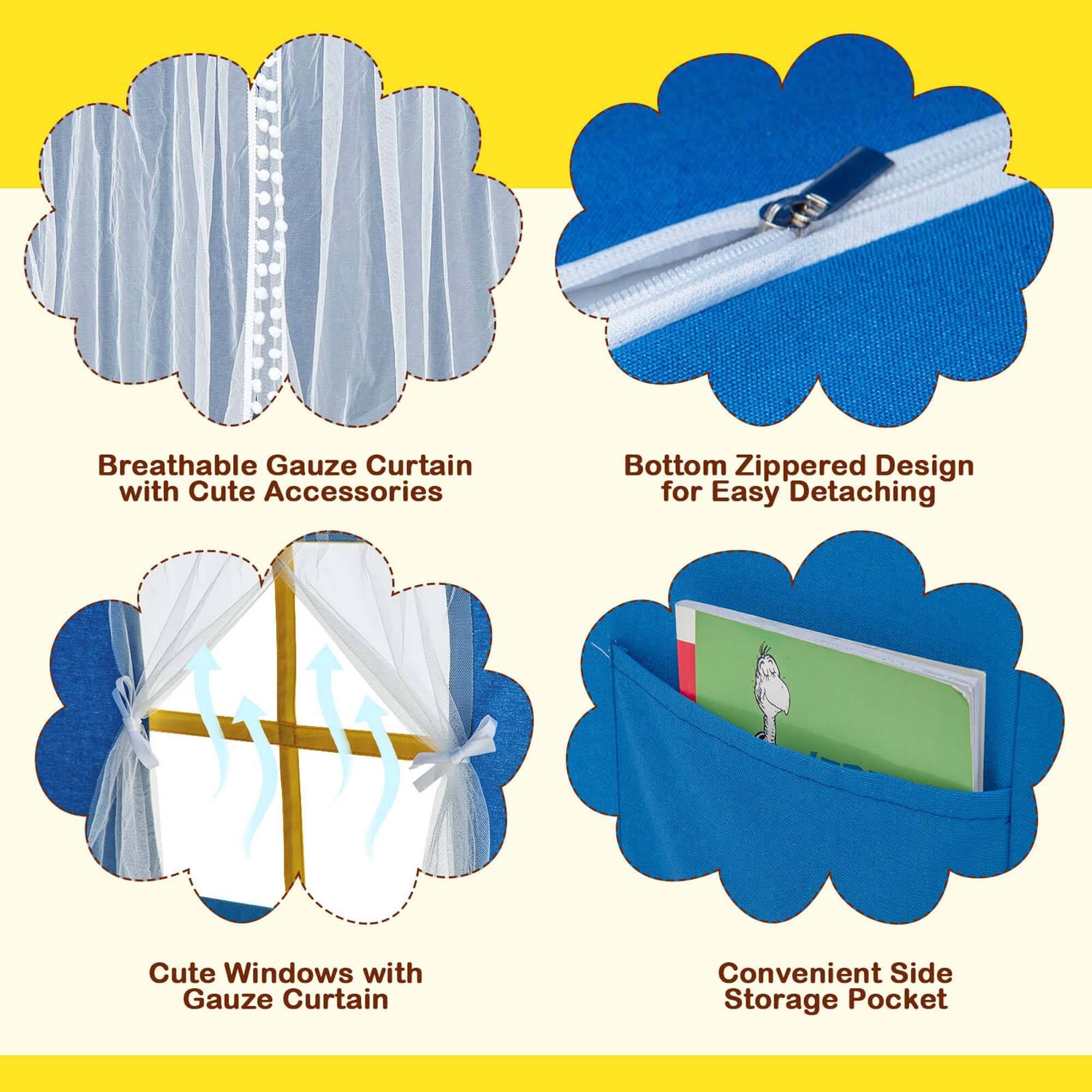 Breathable Gauze Curtain with Cute Accessories, Bottom Zippered Design for Easy Detaching, Cute Windows with Gauze Curtain, Convenient Side Storage Pocket