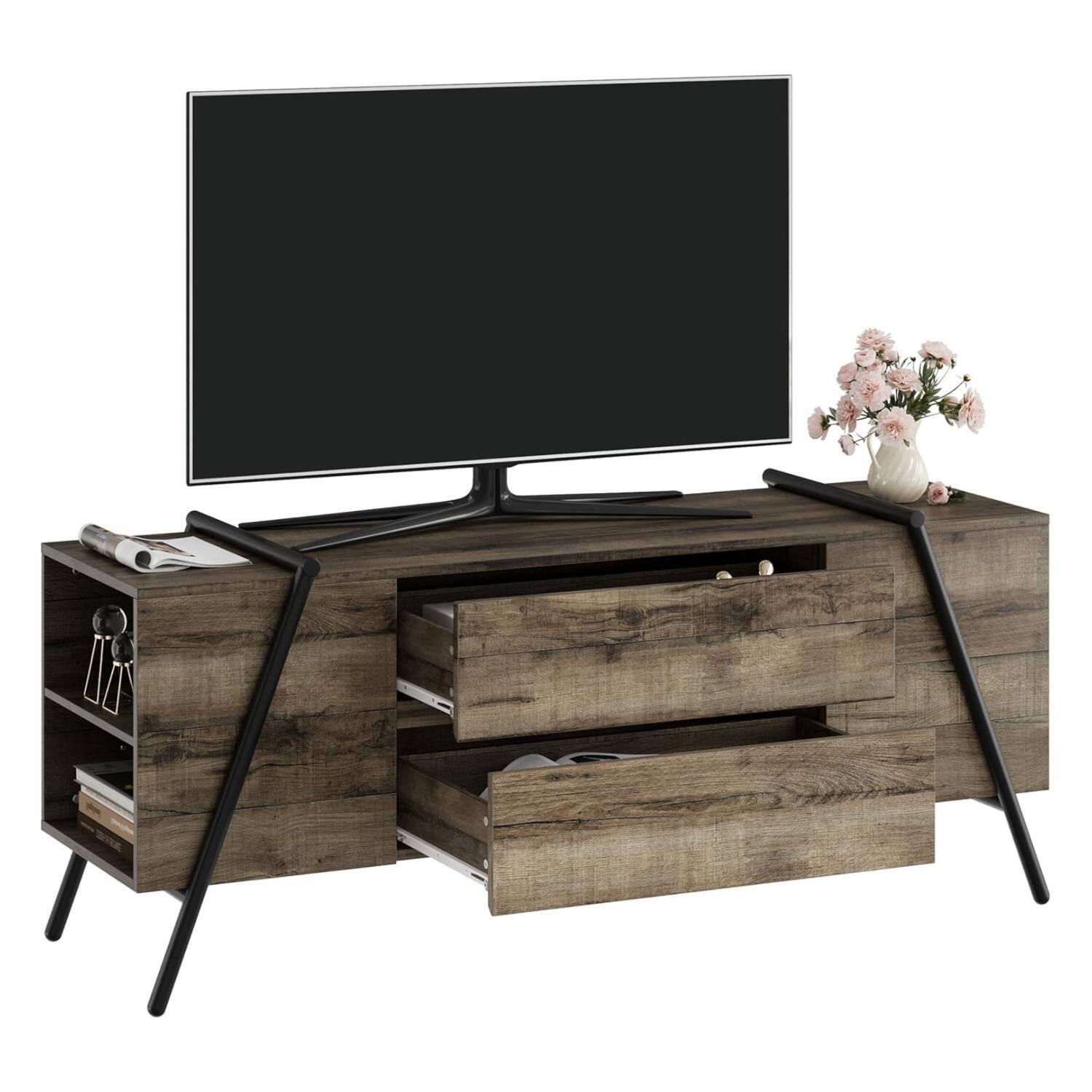 Front. GARVEE - 55" Modern TV Stand for Living Room with Side Open Shelves for Bedroom, Apartment - Oak.