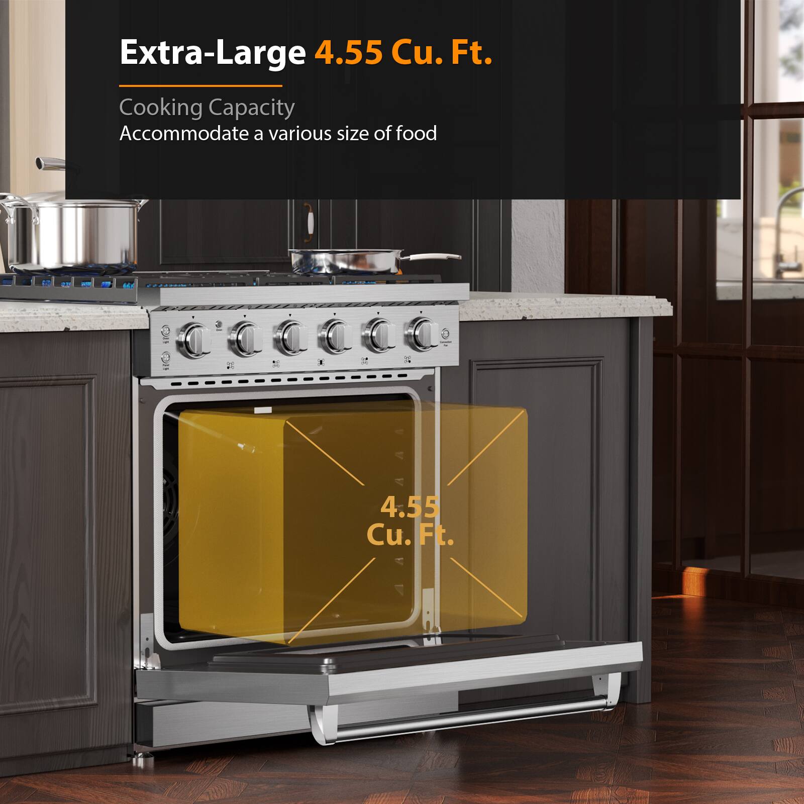 Extra-Large 4.55 Cu. Ft. Cooking Capacity Accommodate a various size of food. 4.55 Cu. Ft.