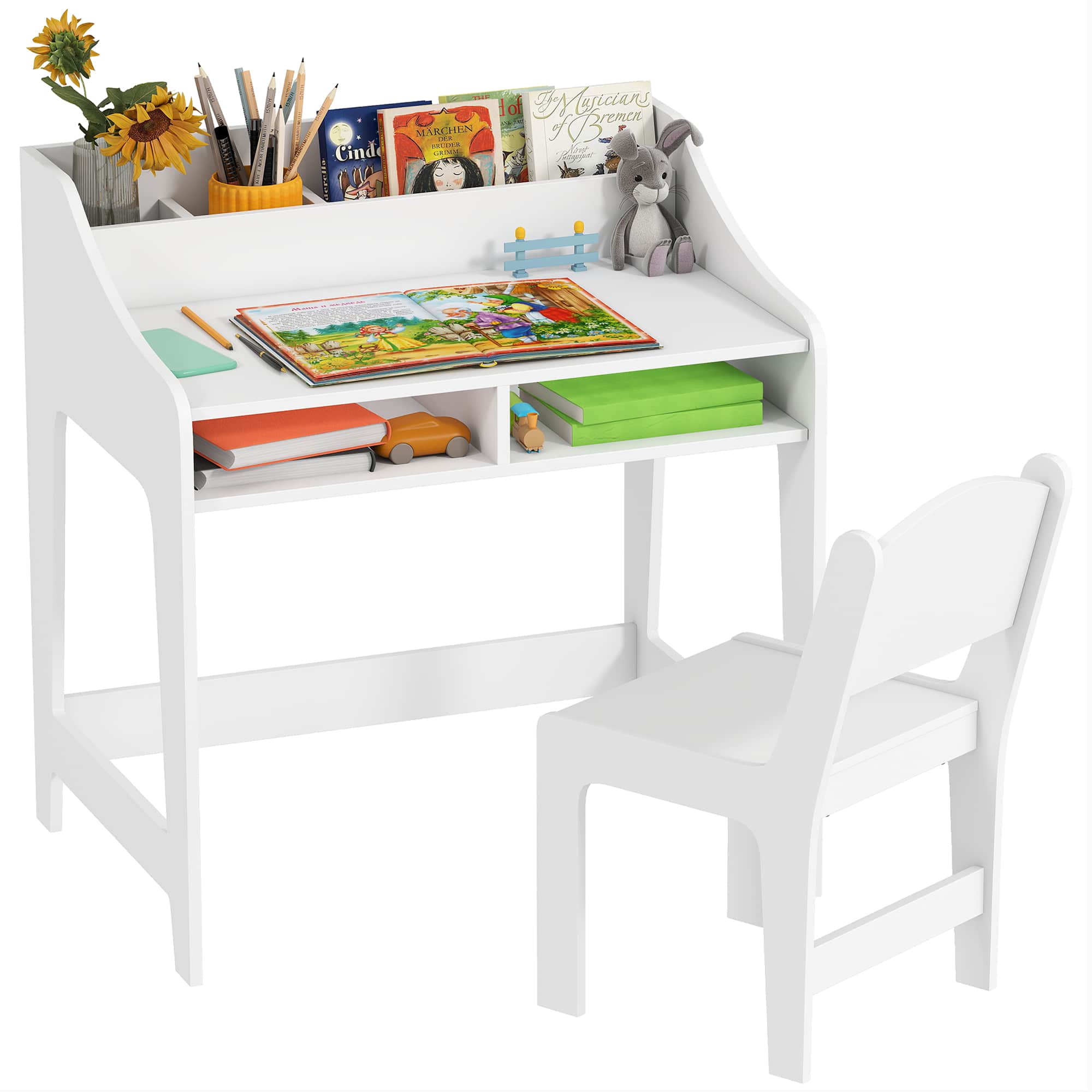 Qaba - Desk and Chair Set with Storage and Shelves, for Bedroom & Study Room - White