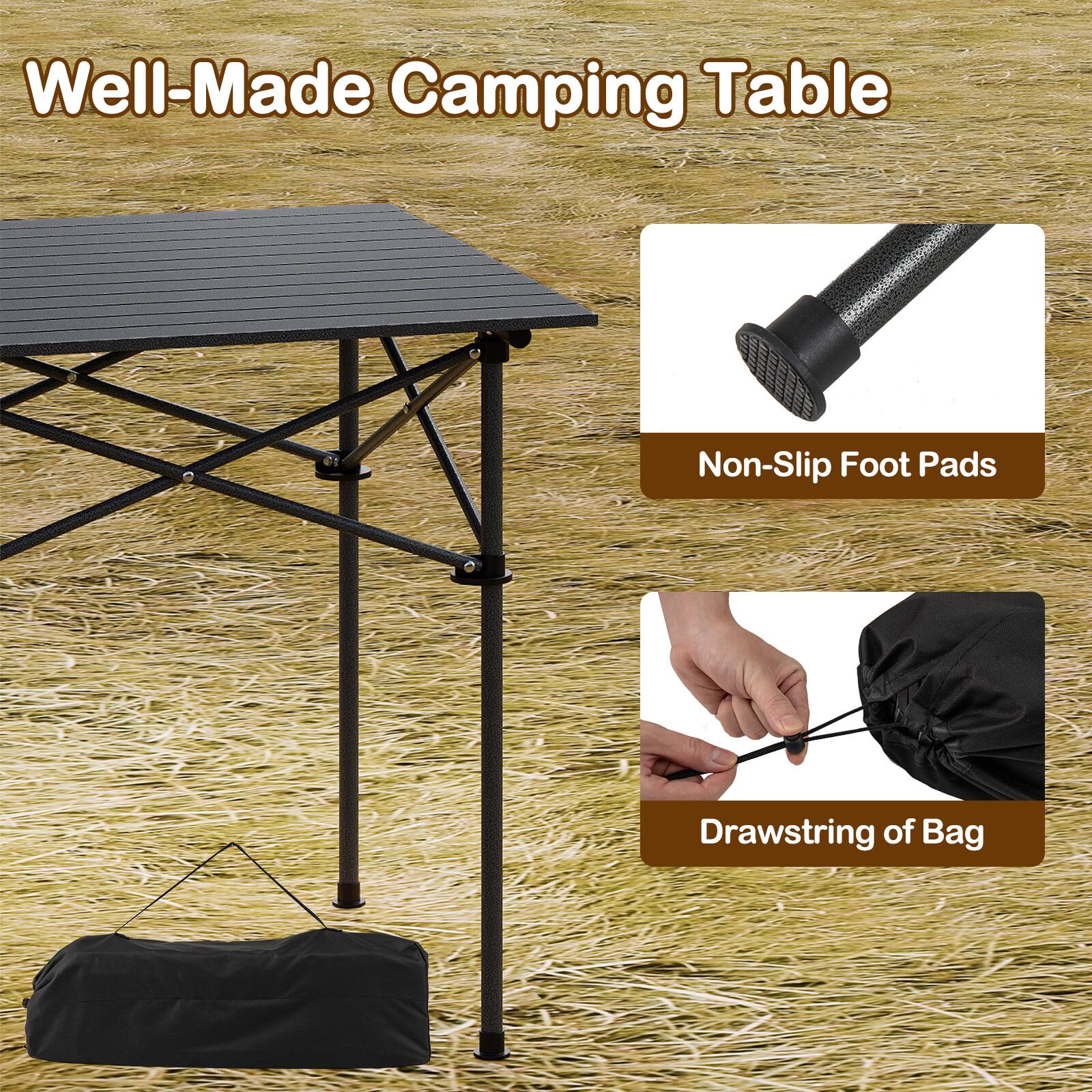 Well-Made Camping Table

Non-Slip Foot Pads

Drawstring of Bag