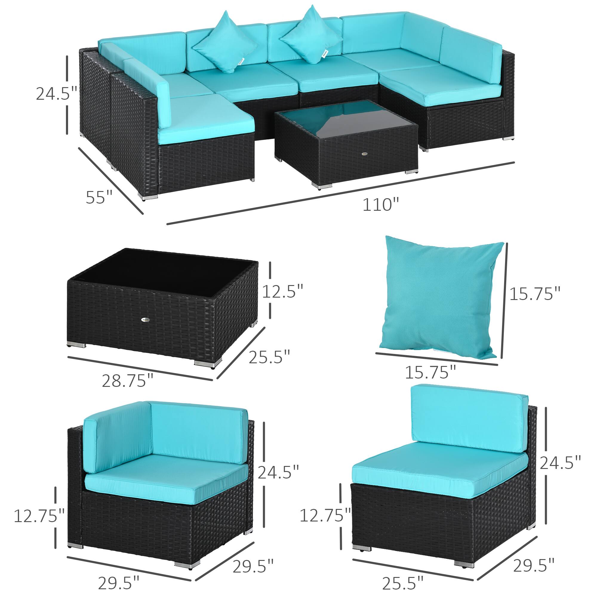 Sofa: 55", 24.5", 24.5", 24.5", 12.75", 12.75"

Coffee table: 110", 28.75", 25.5", 12.5"

Armchair: 29.5", 24.5", 25.5", 12.75"

Pillow: 15.75", 15.75"