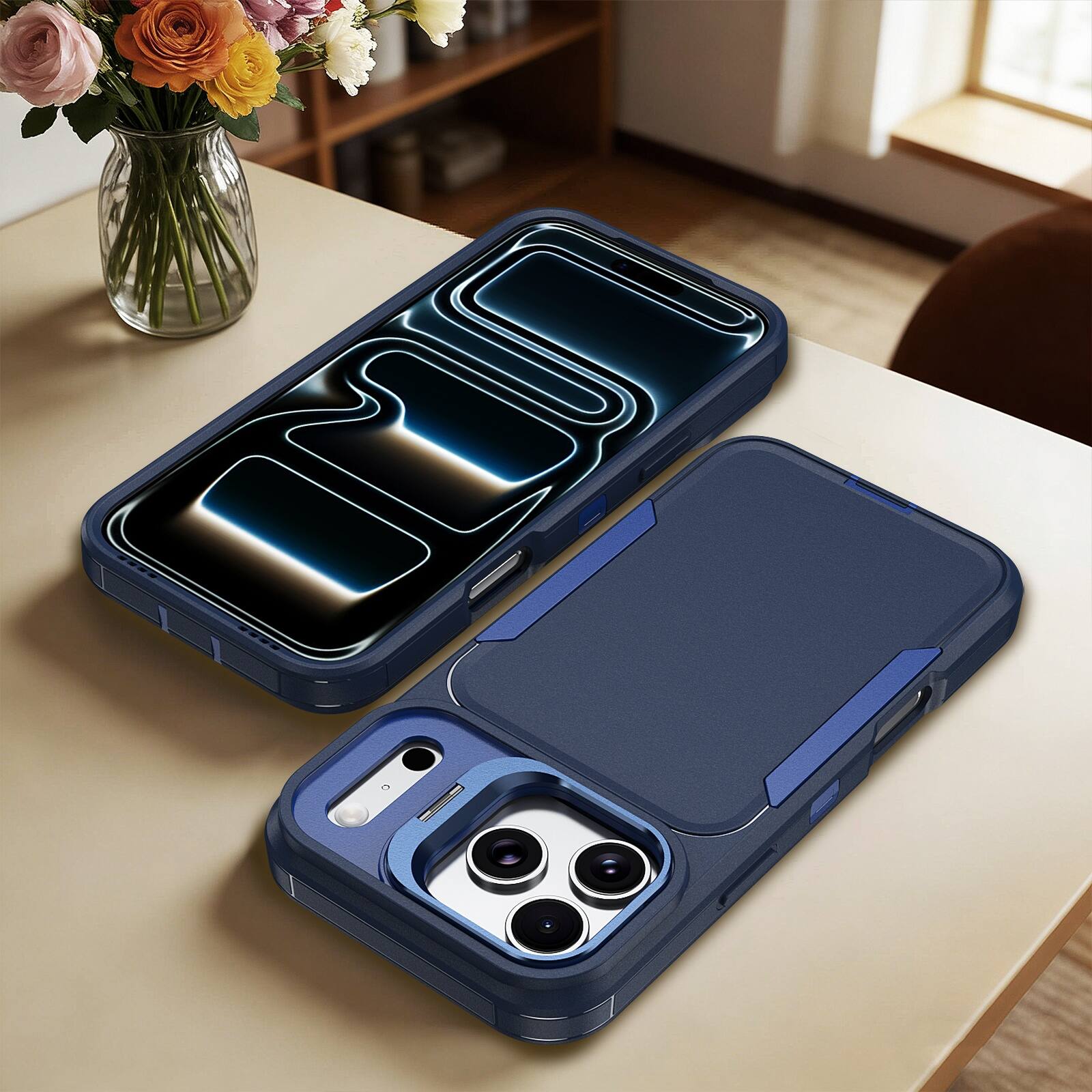Alt View 2. Dteck - For Apple iPhone 17 Pro Rugged Case, Heavy Duty Dual Layer Shockproof Lens Kickstand Drop Protection Cover - Blue.