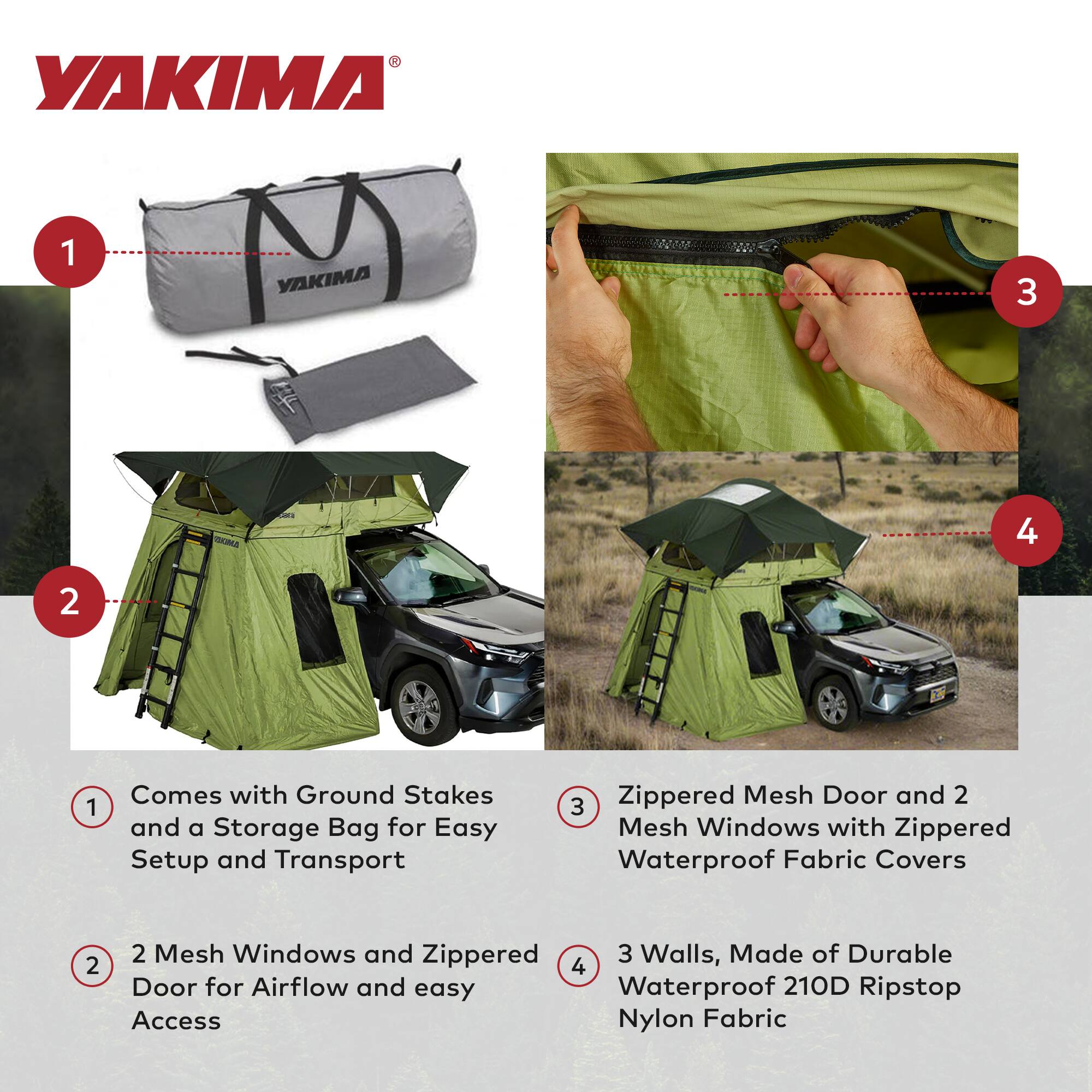 1. Comes with Ground Stakes and a Storage Bag for Easy Setup and Transport

2. 2 Mesh Windows and Zippered Door for Airflow and easy Access

3. Zippered Mesh Door and 2 Mesh Windows with Zippered Waterproof Fabric Covers

4. 3 Walls, Made of Durable Waterproof 210D Ripstop Nylon Fabric