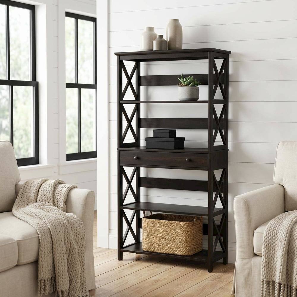 Back. FurniFact - Wooden 5-Tier Bookcase with Drawer for versatile storage and organization - Black.