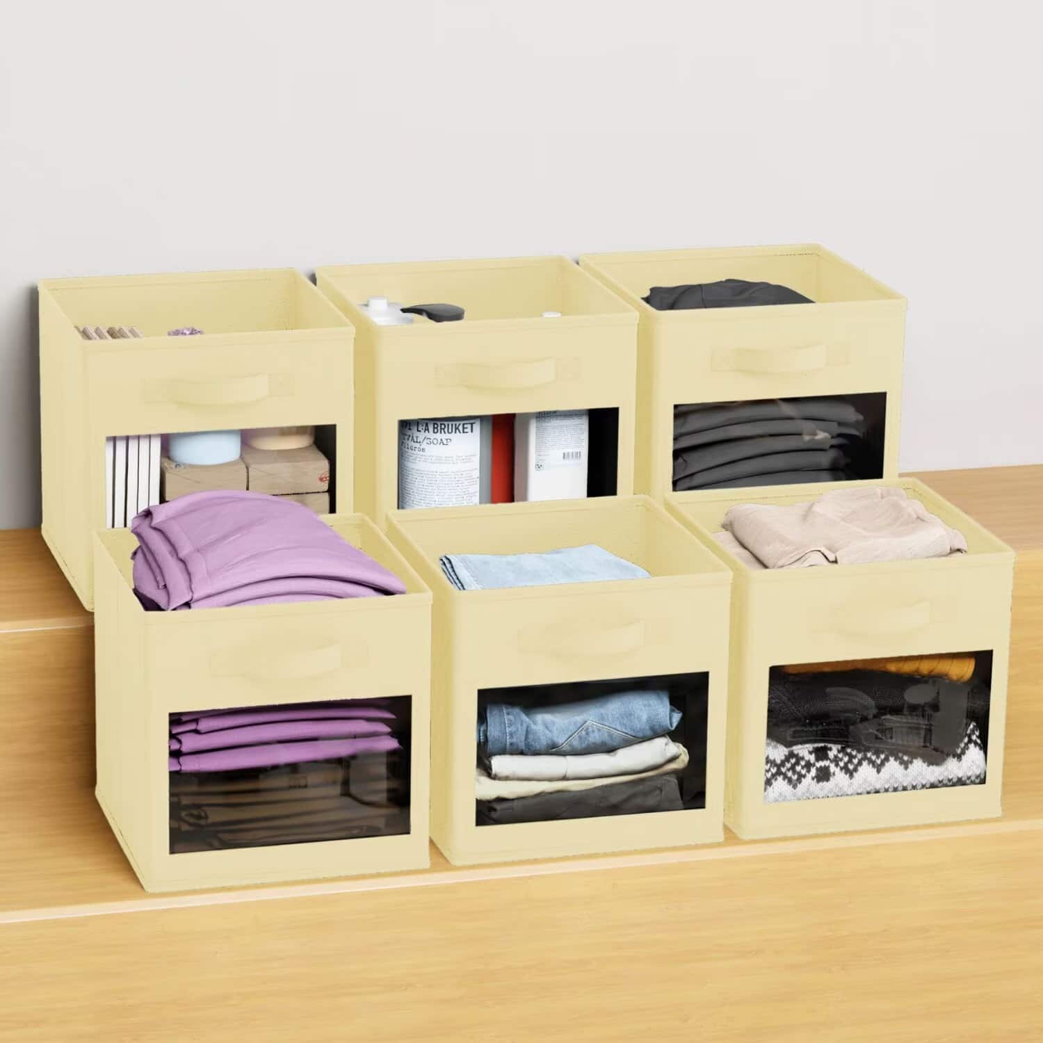 Tooloton - 6-Pack Clear Window Fabric Storage Cubes, 11 Inch Foldable Organizer Bins for Home - Beige