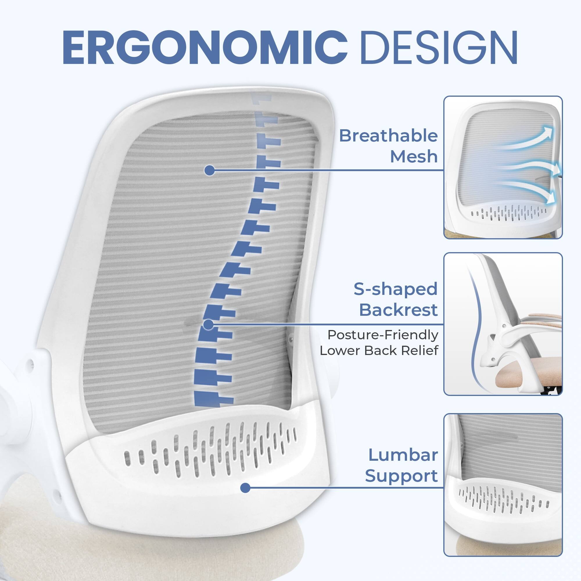 ERGONOMIC DESIGN  
- Breathable Mesh  
- S-shaped Backrest  
- Posture-Friendly Lower Back Relief  
- Lumbar Support
