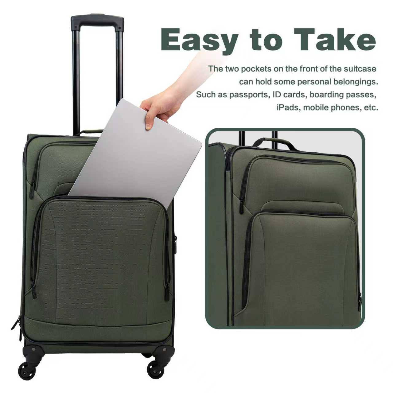 Easy to Take

The two pockets on the front of the suitcase can hold some personal belongings. Such as passports, ID cards, boarding passes, iPads, mobile phones, etc.